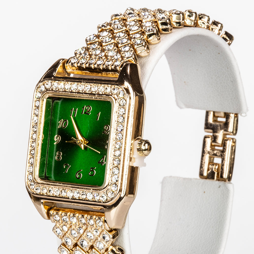 Ceas din Aliaj Placat cu Aur ( 57 grame ) cu Cristal Verde Emporia® și Cristal Alb Emporia® 12 Carate ( Colier+Cercei+Pandantiv ) 6 