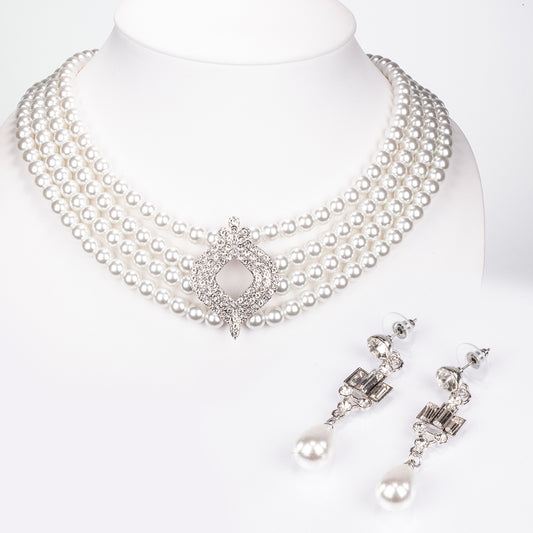 Set din Aliaj Placat cu Aur ( 20 grame ) cu Perlă de cristal și Cristal Alb Emporia® 442.7 Carate ( Colier+Cercei )