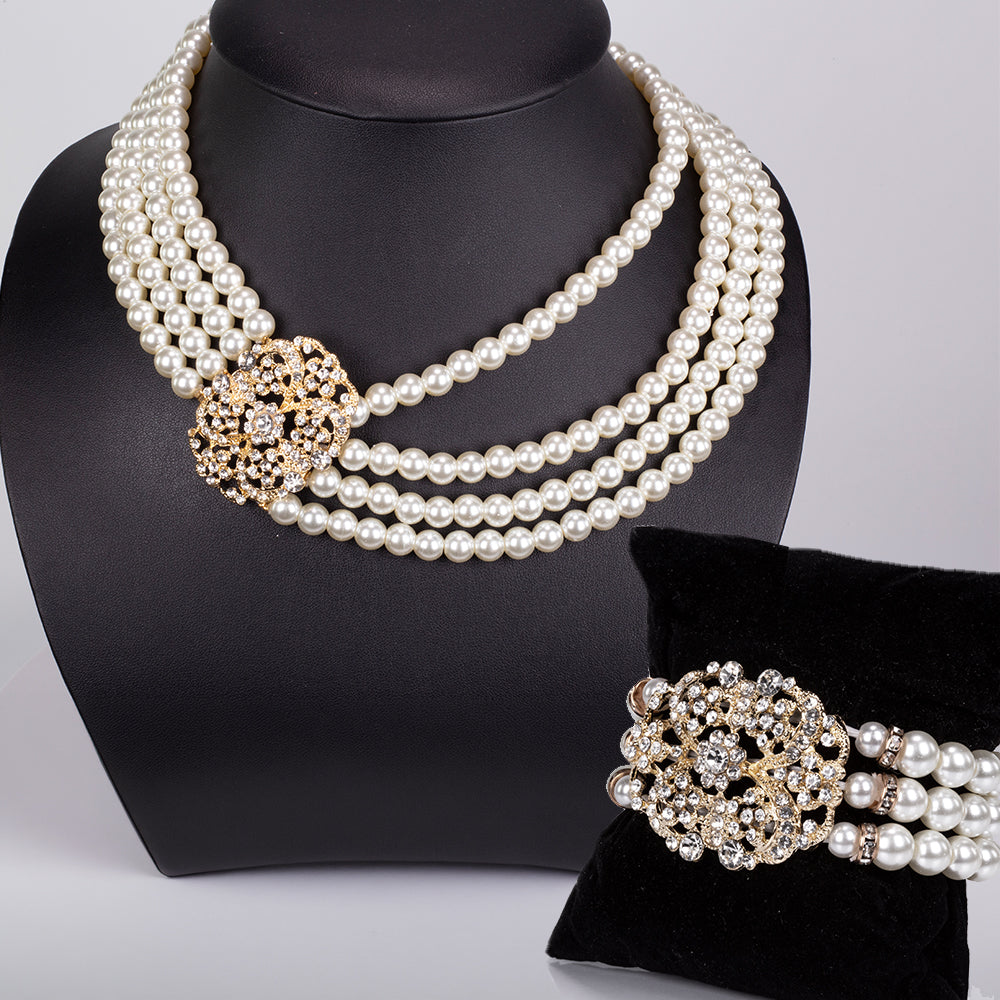 Set din Aliaj Placat cu Aur ( 210 grame ) cu Perlă de cristal și Cristal Alb Emporia® 977.3 Carate ( Colier+Brățară ) 1 