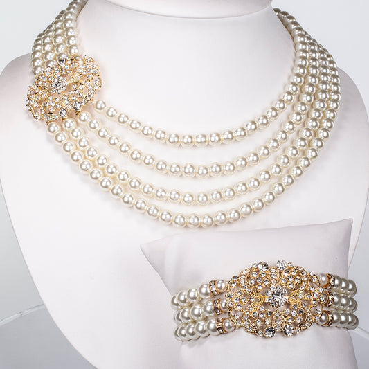 Set din Aliaj Placat cu Aur ( 210 grame ) cu Perlă de cristal și Cristal Alb Emporia® 977.3 Carate ( Colier+Brățară )