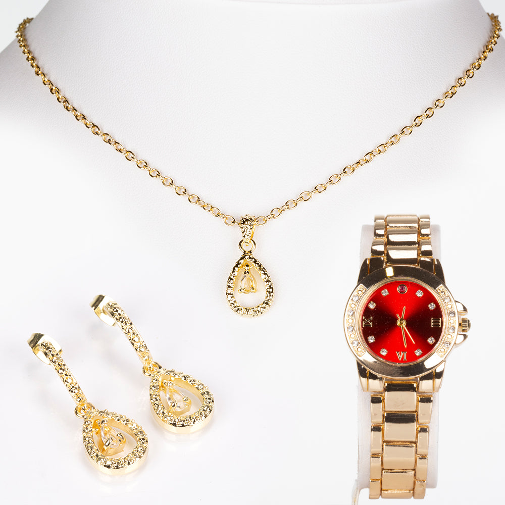 Ceas din Aliaj Placat cu Aur ( 62 grame ) cu Rubin și Cristal Alb Emporia® 0.92 Carate ( Colier+Cercei+Pandantiv ) 1 