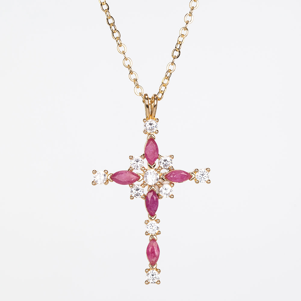 Cruce Colier din Aliaj Placat cu Aur ( 8 grame ) cu Rubin și Cristal Alb Emporia® 2.29 Carate ( Colier+Pandantiv ) 3 