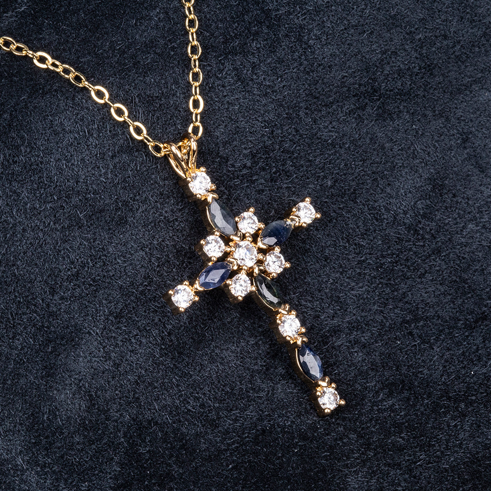 Cruce Colier din Aliaj Placat cu Aur ( 8 grame ) cu Safir și Cristal Alb Emporia® 2.29 Carate ( Colier+Pandantiv ) 1 