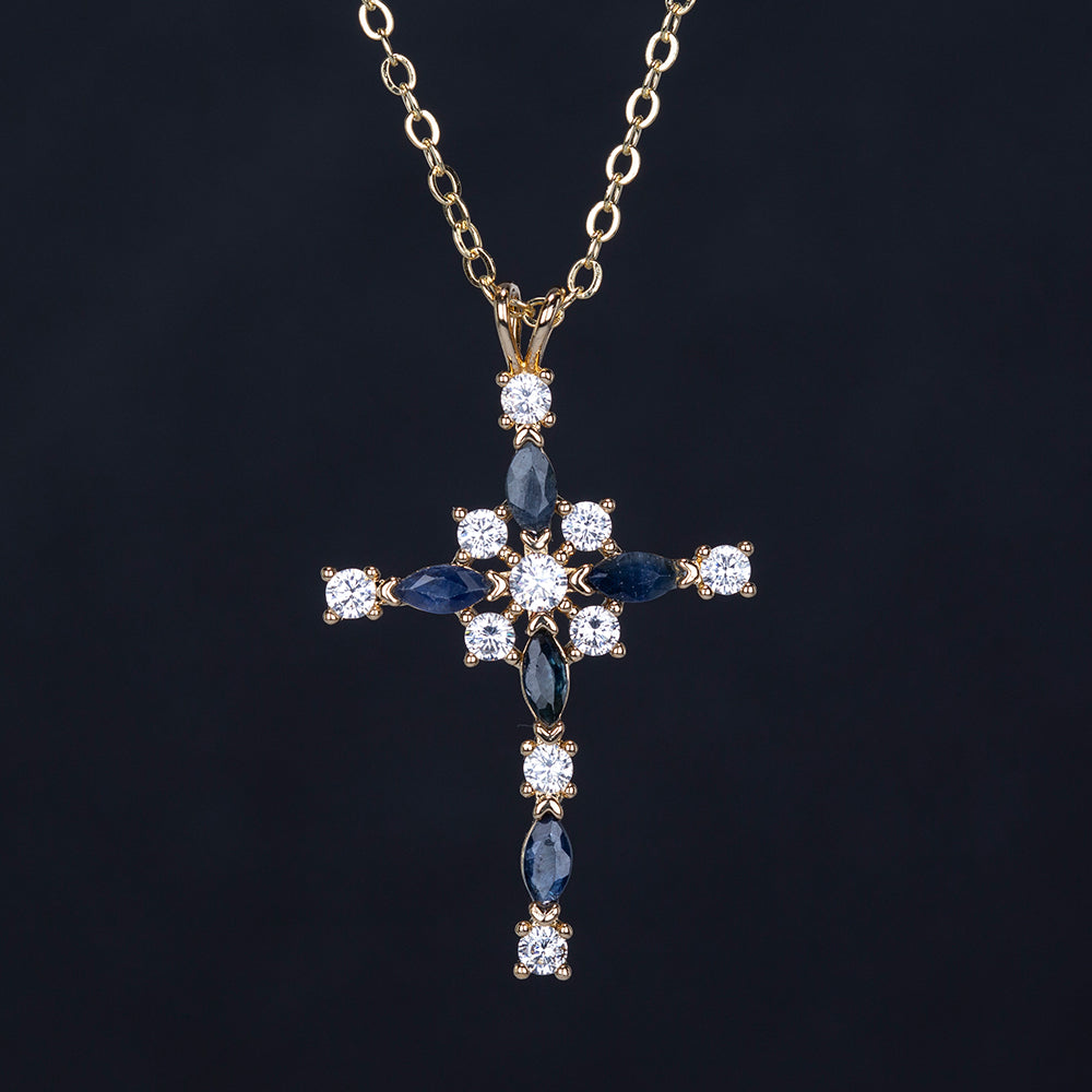 Cruce Colier din Aliaj Placat cu Aur ( 8 grame ) cu Safir și Cristal Alb Emporia® 2.29 Carate ( Colier+Pandantiv ) 2 