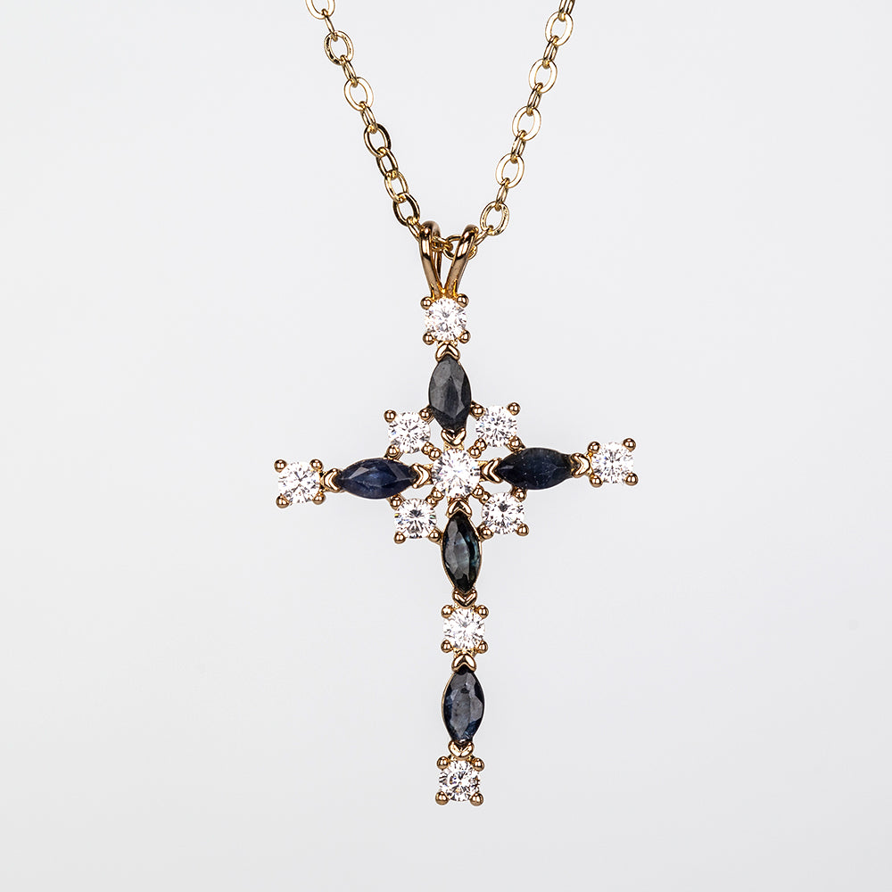 Cruce Colier din Aliaj Placat cu Aur ( 8 grame ) cu Safir și Cristal Alb Emporia® 2.29 Carate ( Colier+Pandantiv ) 4 