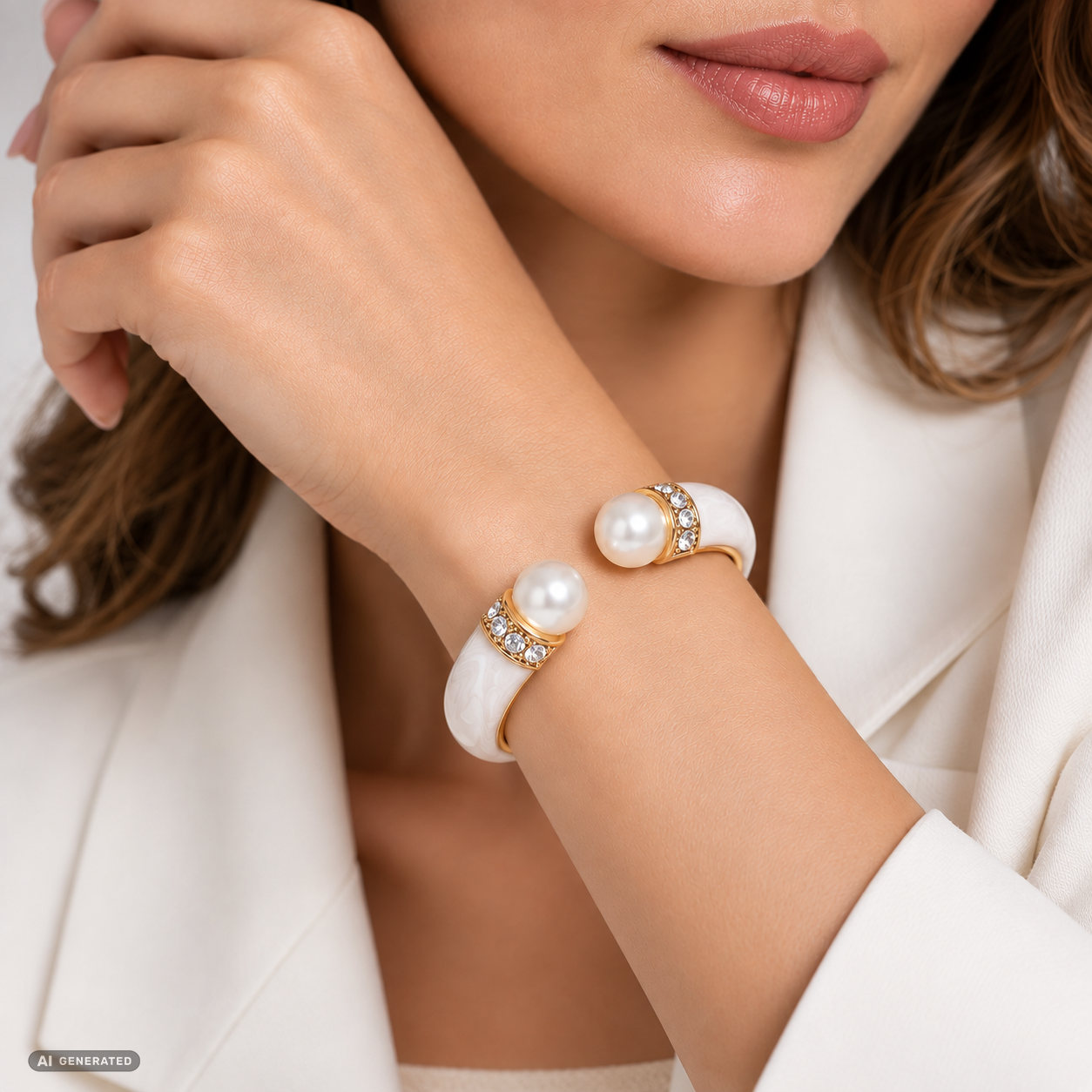 Brățară din Aliaj Placat cu Aur ( 70 grame ) cu Perlă de cristal și Cristal Alb Emporia® 2 Carate 1 
