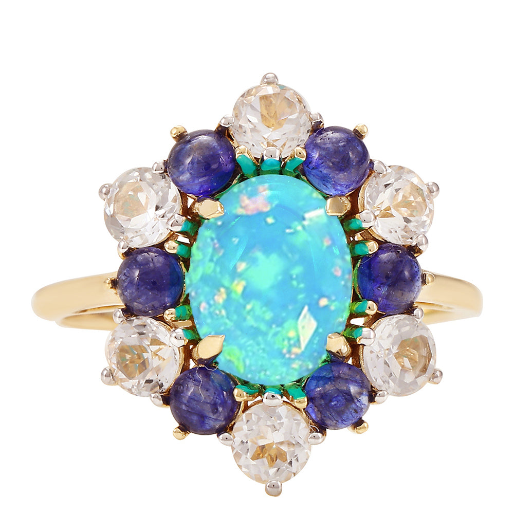 Inel din Aur de 9K ( 2.11 grame ) cu Opal Albastru Etiopian Paraiba și Safir Albastru 3.76 Carate