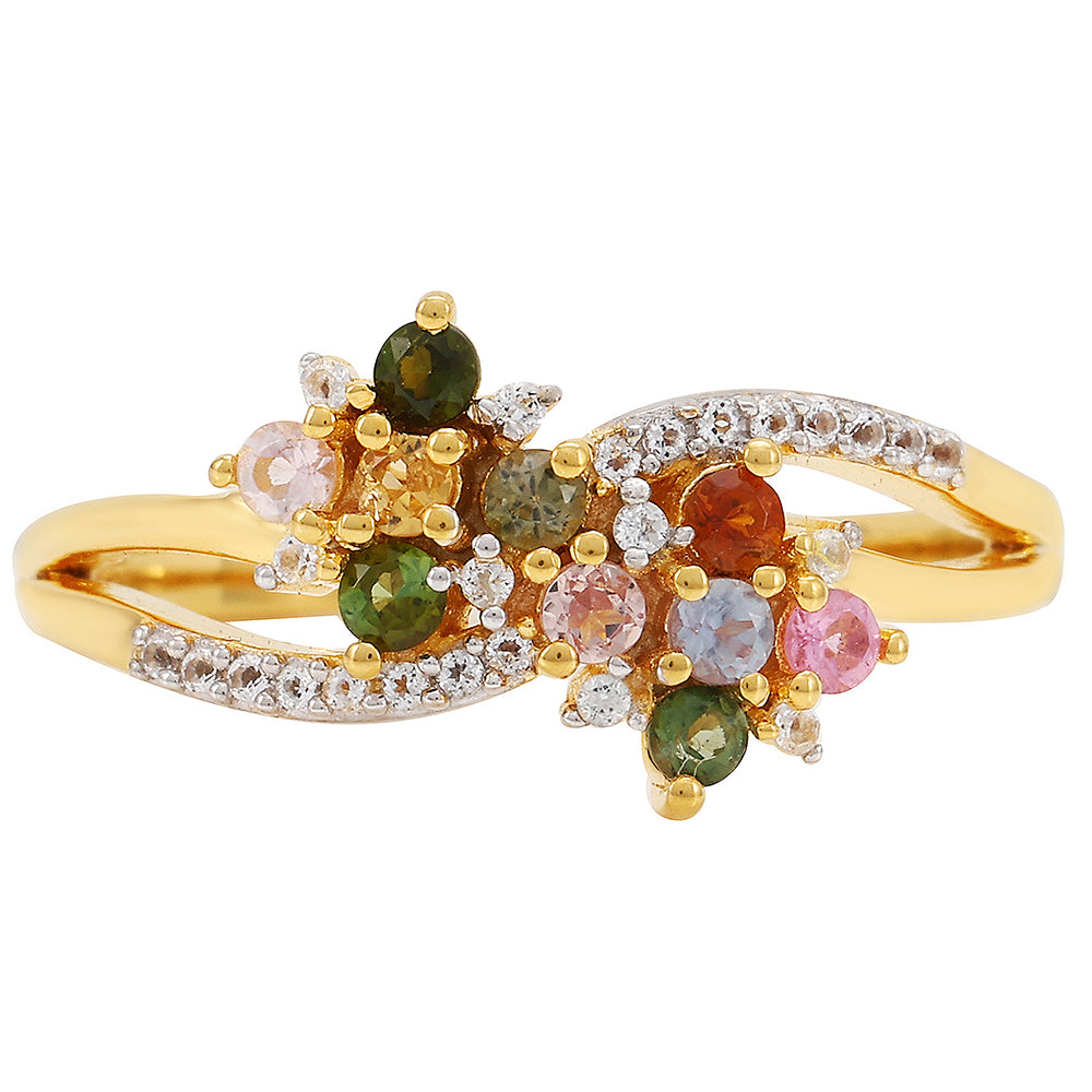 Inel din Argint 925 Placat cu Aur ( 2.71 grame ) cu Turmalină Curcubeu Pelmadulla și Topaz Alb 0.49 Carate 1 