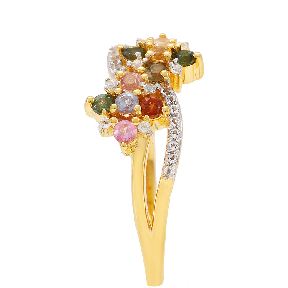 Inel din Argint 925 Placat cu Aur ( 2.71 grame ) cu Turmalină Curcubeu Pelmadulla și Topaz Alb 0.49 Carate 3 