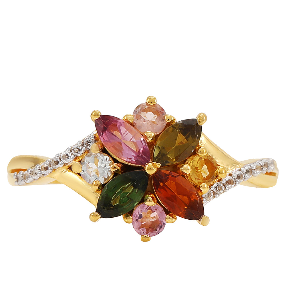 Inel din Argint 925 Placat cu Aur ( 2.73 grame ) cu Turmalină Curcubeu Pelmadulla și Topaz Alb 0.9 Carate 1 