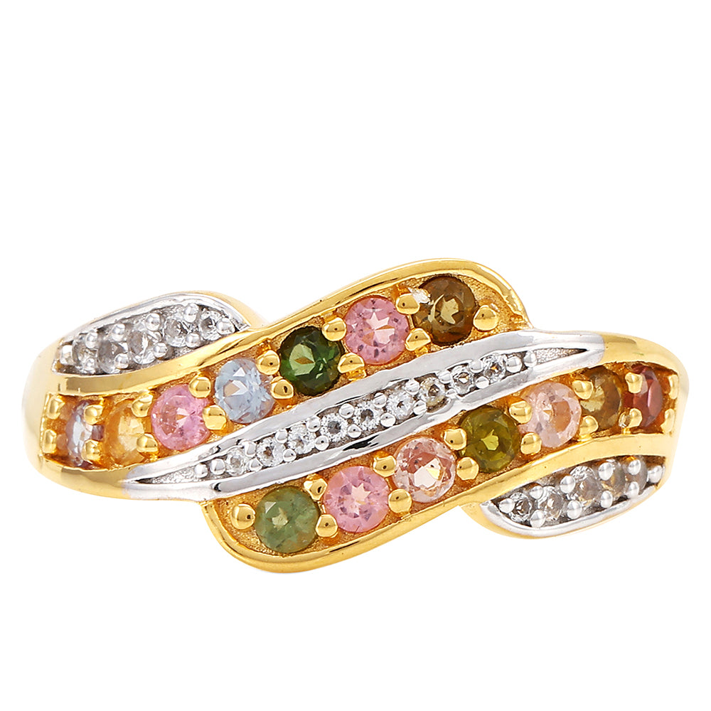 Inel din Argint 925 Placat cu Aur ( 3.24 grame ) cu Turmalină Curcubeu Pelmadulla și Topaz Alb 0.64 Carate