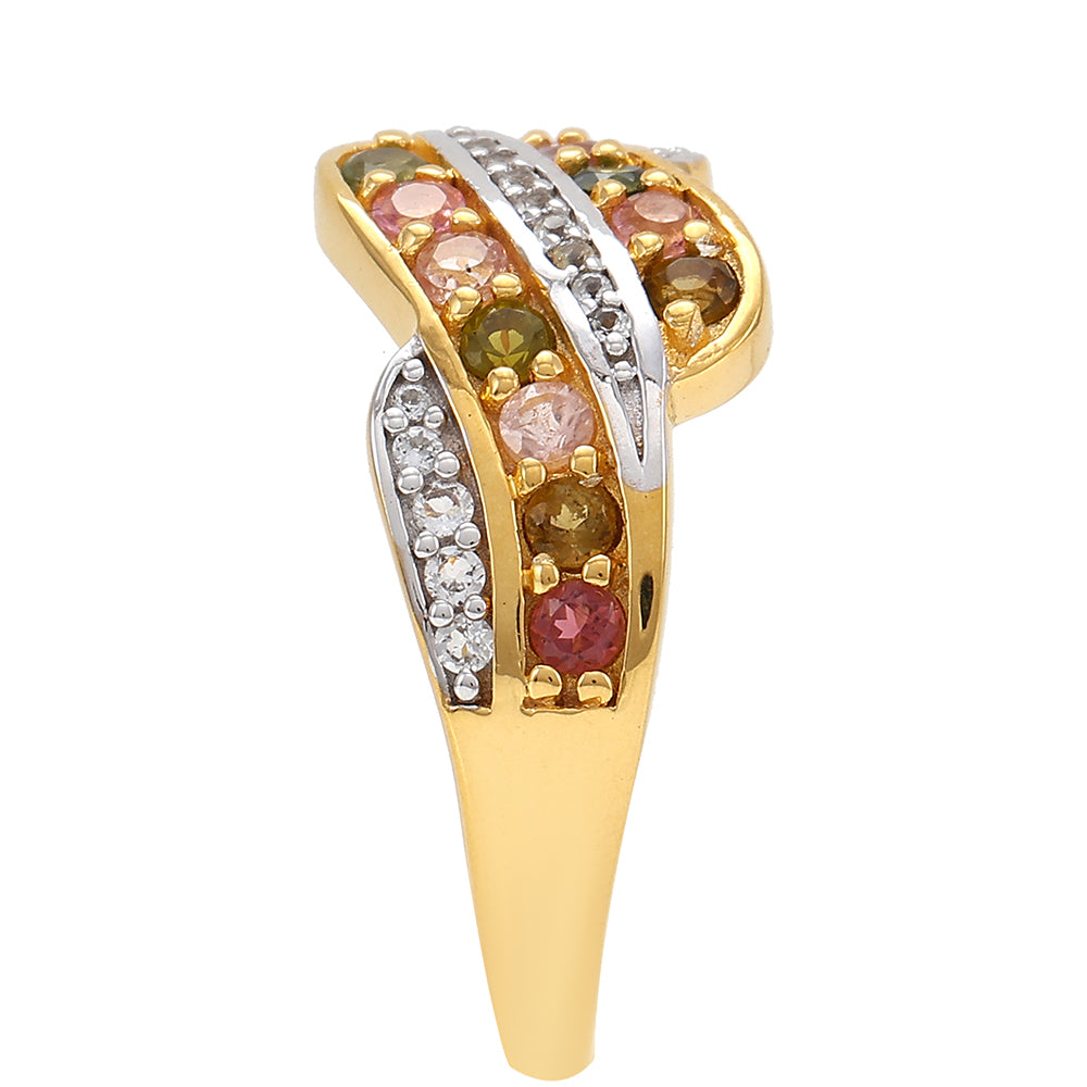 Inel din Argint 925 Placat cu Aur ( 3.24 grame ) cu Turmalină Curcubeu Pelmadulla și Topaz Alb 0.64 Carate