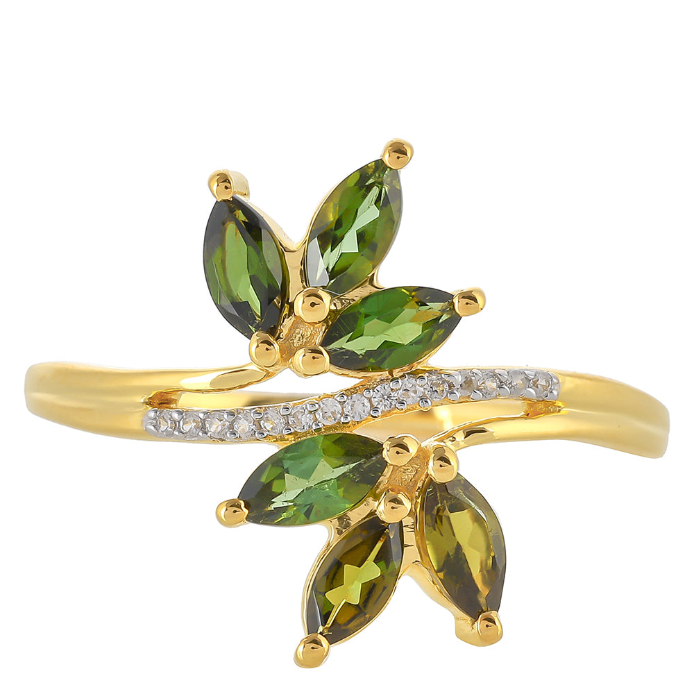 Inel din Argint 925 Placat cu Aur ( 1.86 grame ) cu Turmalină Verde și Zircon Natural 0.92 Carate 1 