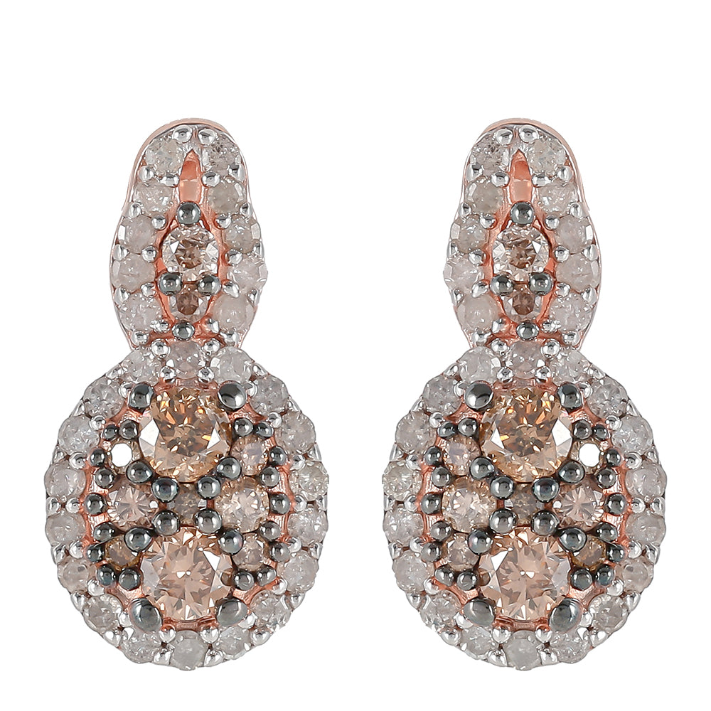 Cercei din Argint 925 Placat cu Aur Roz ( 3.11 grame ) cu Diamant de culoarea Șampaniei și Diamant Alb 0.82 Carate