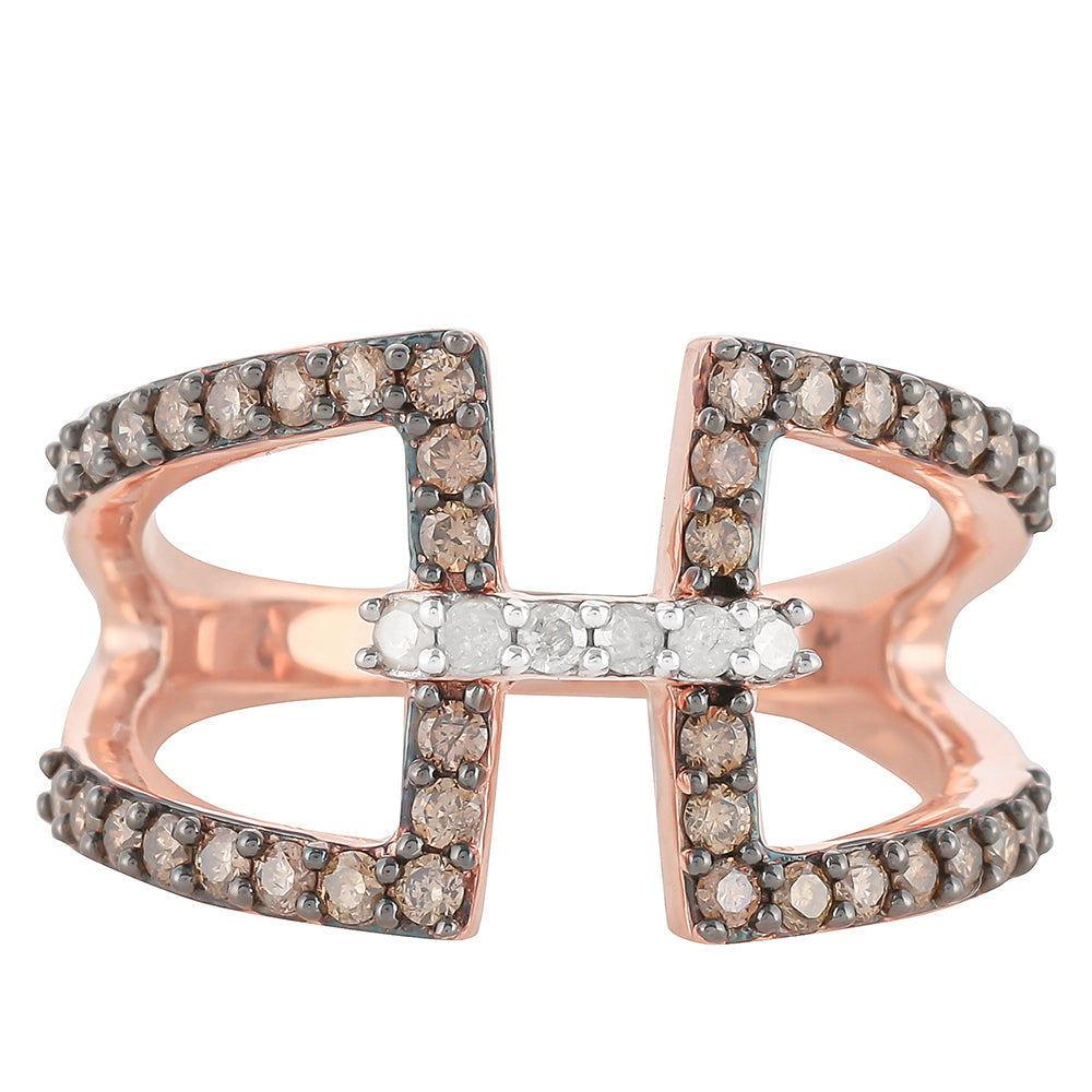 Inel din Argint 925 Placat cu Aur Roz ( 3.87 grame ) cu Diamant de culoarea Șampaniei și Diamant Alb 0.7 Carate