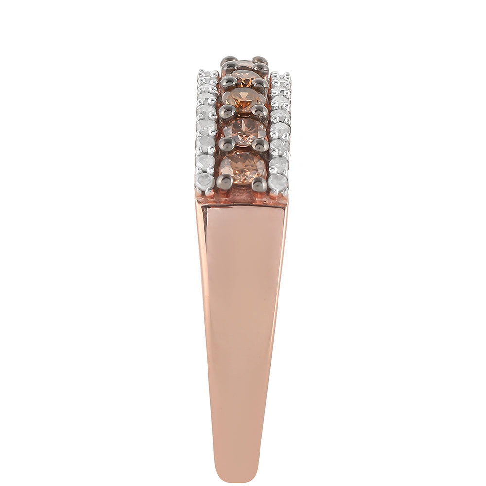 Inel din Argint 925 Placat cu Aur Roz ( 2.75 grame ) cu Diamant de culoarea Șampaniei și Diamant Alb 0.64 Carate 7 