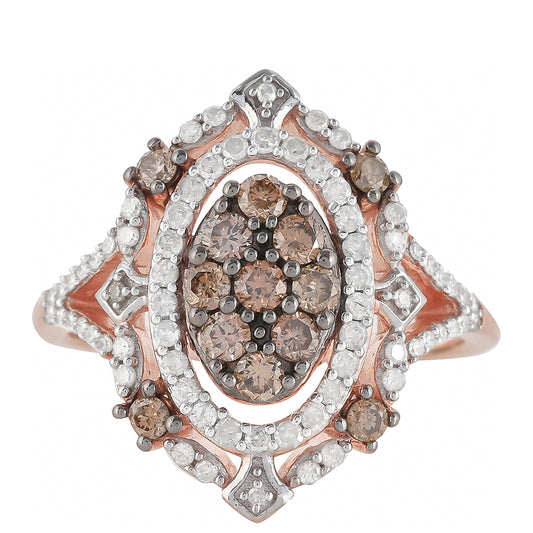 Inel din Argint 925 Placat cu Aur Roz ( 3.79 grame ) cu Diamant de culoarea Șampaniei și Diamant Alb 0.86 Carate
