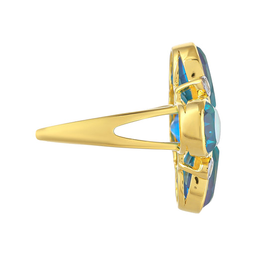 Inel din Argint 925 Placat cu Aur ( 4.19 grame ) cu Cuarț Păun și Topaz Alb 8.87 Carate
