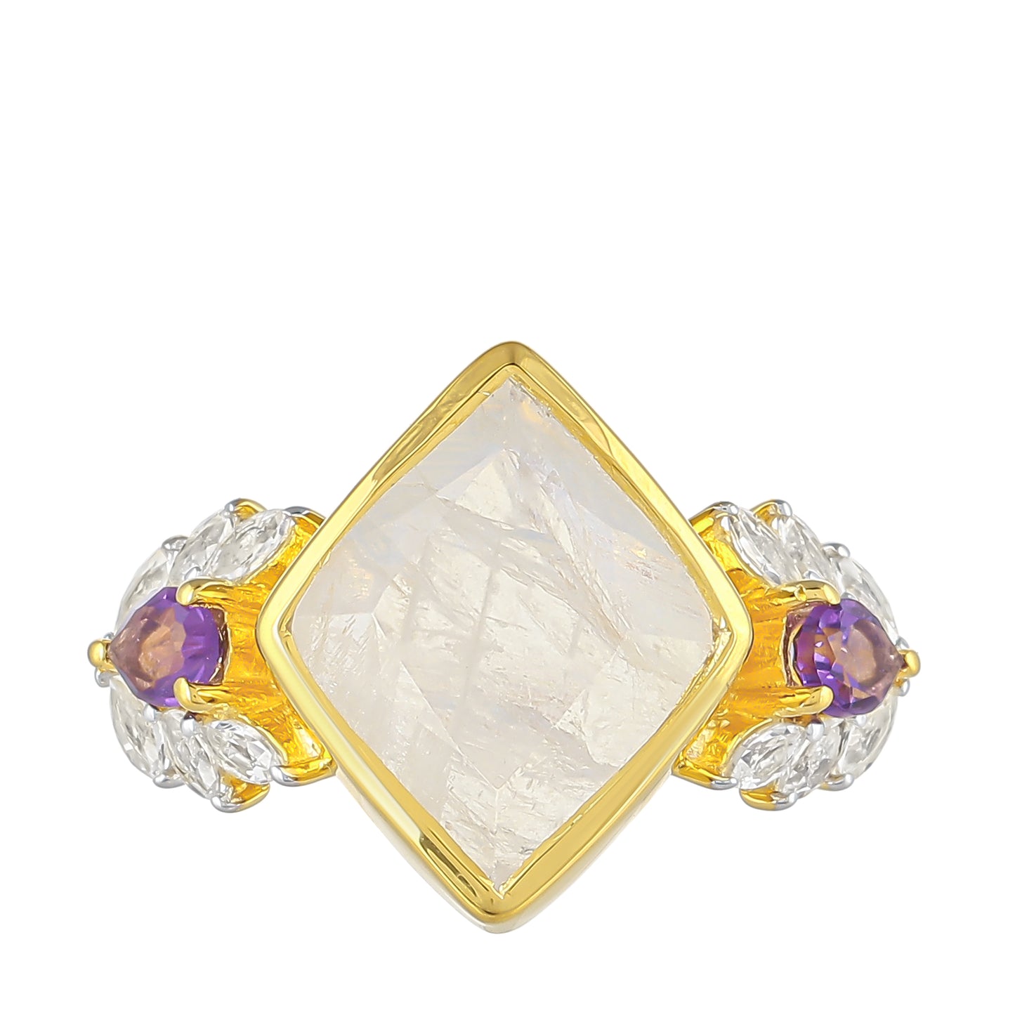 Inel din Argint 925 Placat cu Aur ( 3.26 grame ) cu Piatra Lunii Curcubeu și Ametist Brazilian 5.36 Carate