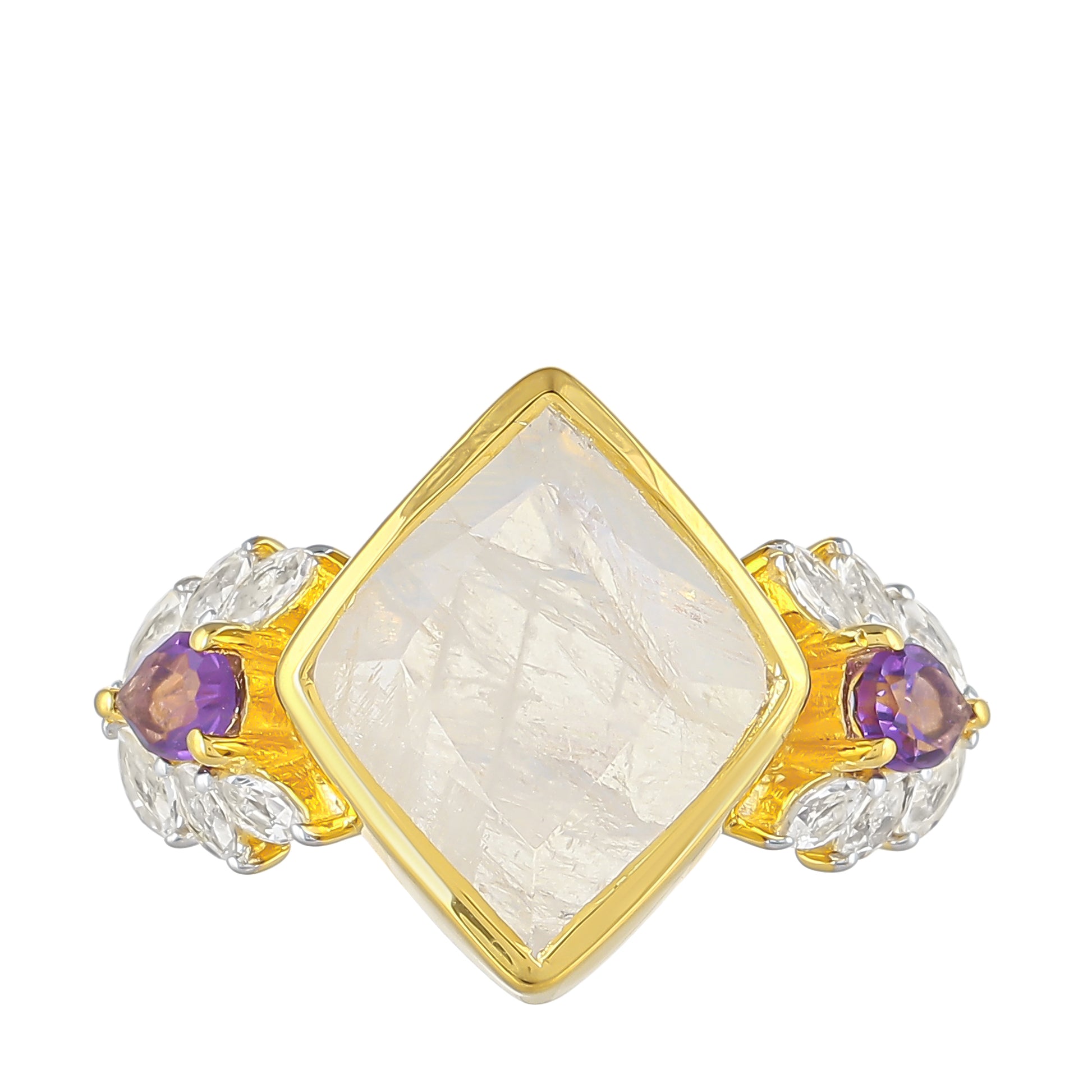 Inel din Argint 925 Placat cu Aur ( 3.26 grame ) cu Piatra Lunii Curcubeu și Ametist Brazilian 5.36 Carate 1 