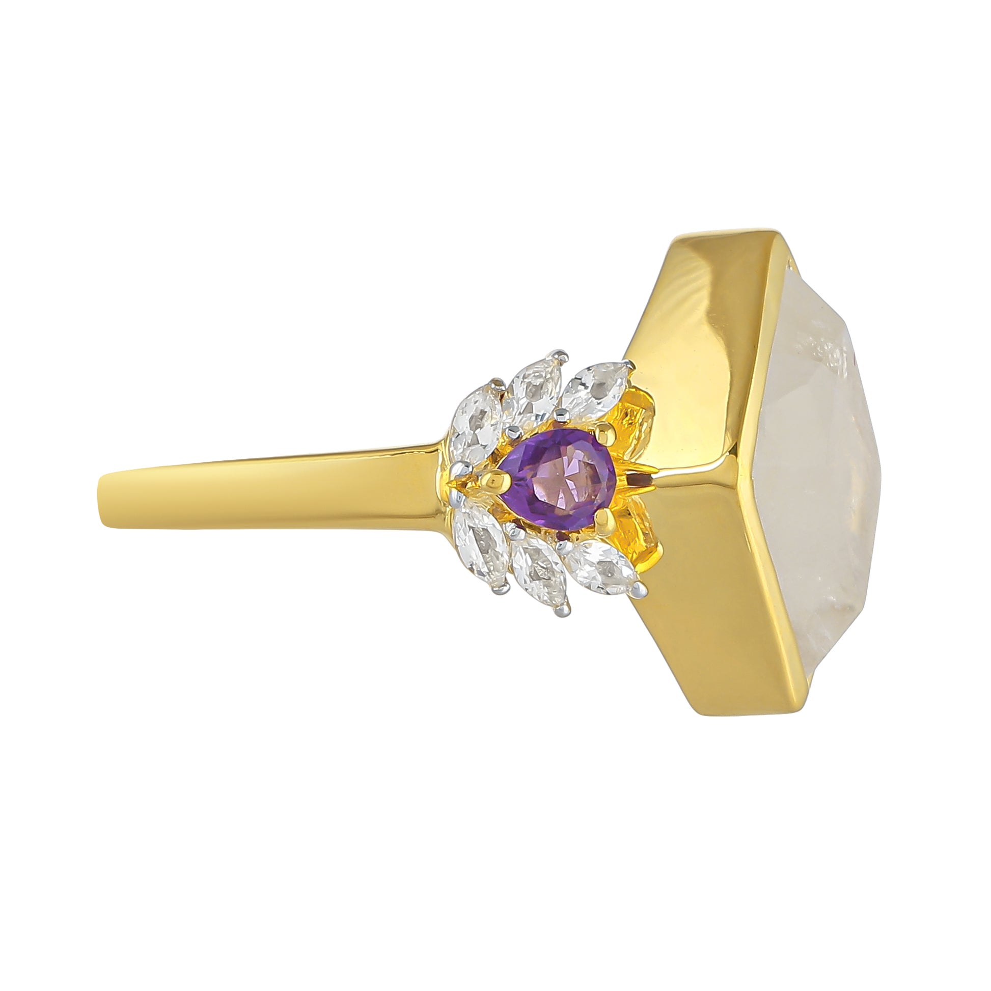 Inel din Argint 925 Placat cu Aur ( 3.26 grame ) cu Piatra Lunii Curcubeu și Ametist Brazilian 5.36 Carate 2 