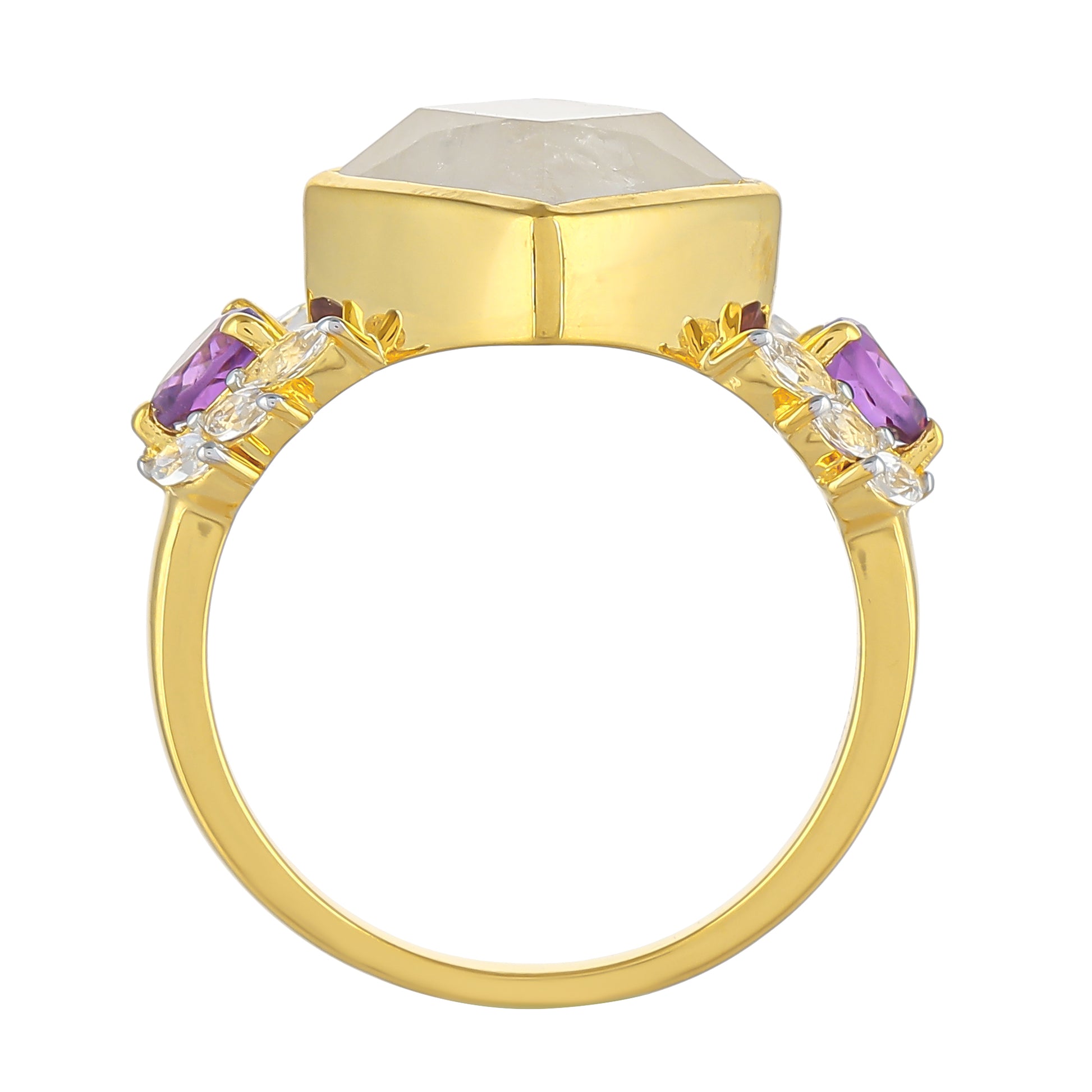 Inel din Argint 925 Placat cu Aur ( 3.26 grame ) cu Piatra Lunii Curcubeu și Ametist Brazilian 5.36 Carate 4 