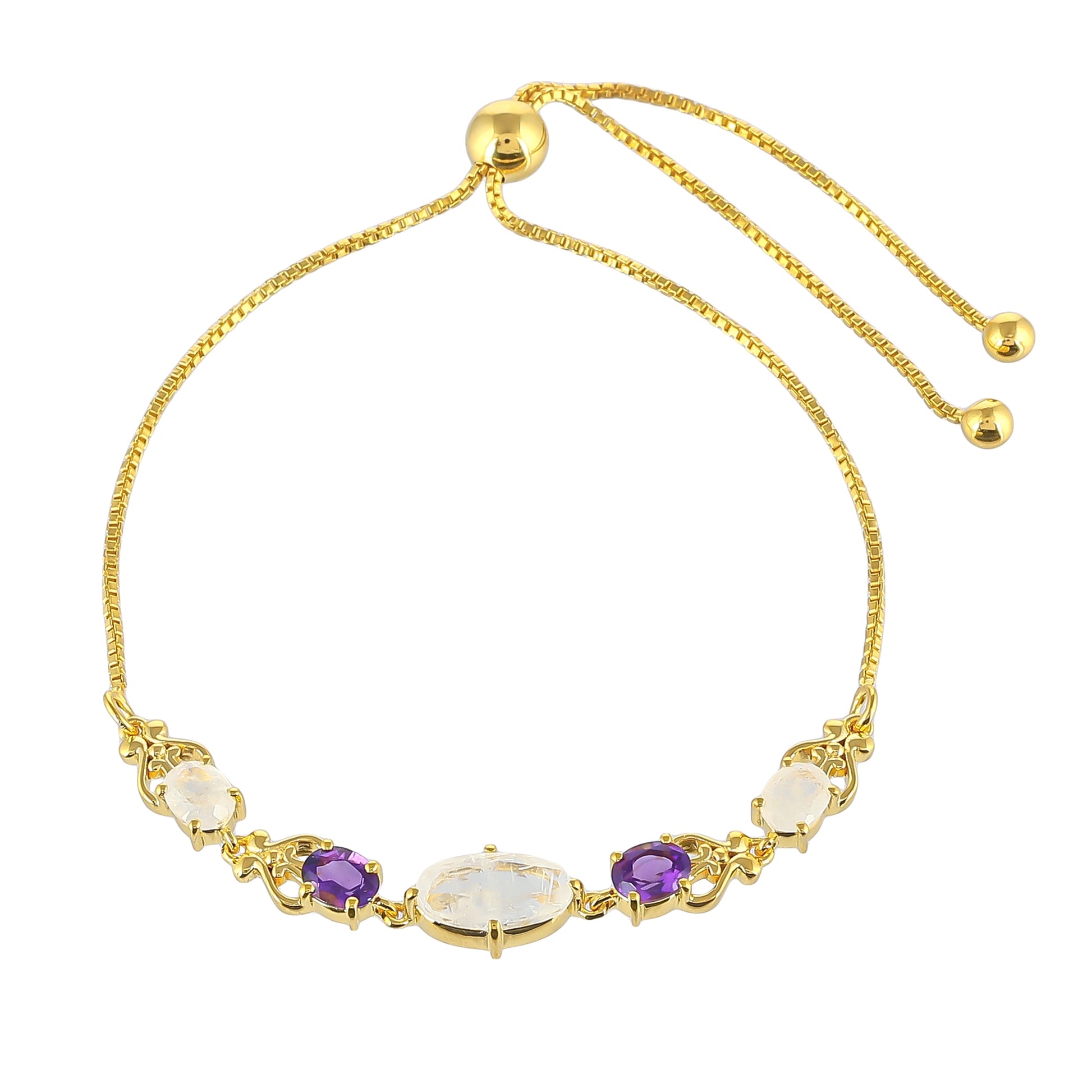 Brățară din Argint 925 Placat cu Aur ( 4.61 grame ) cu Piatra Lunii Curcubeu și Ametist Brazilian 3 Carate 1 