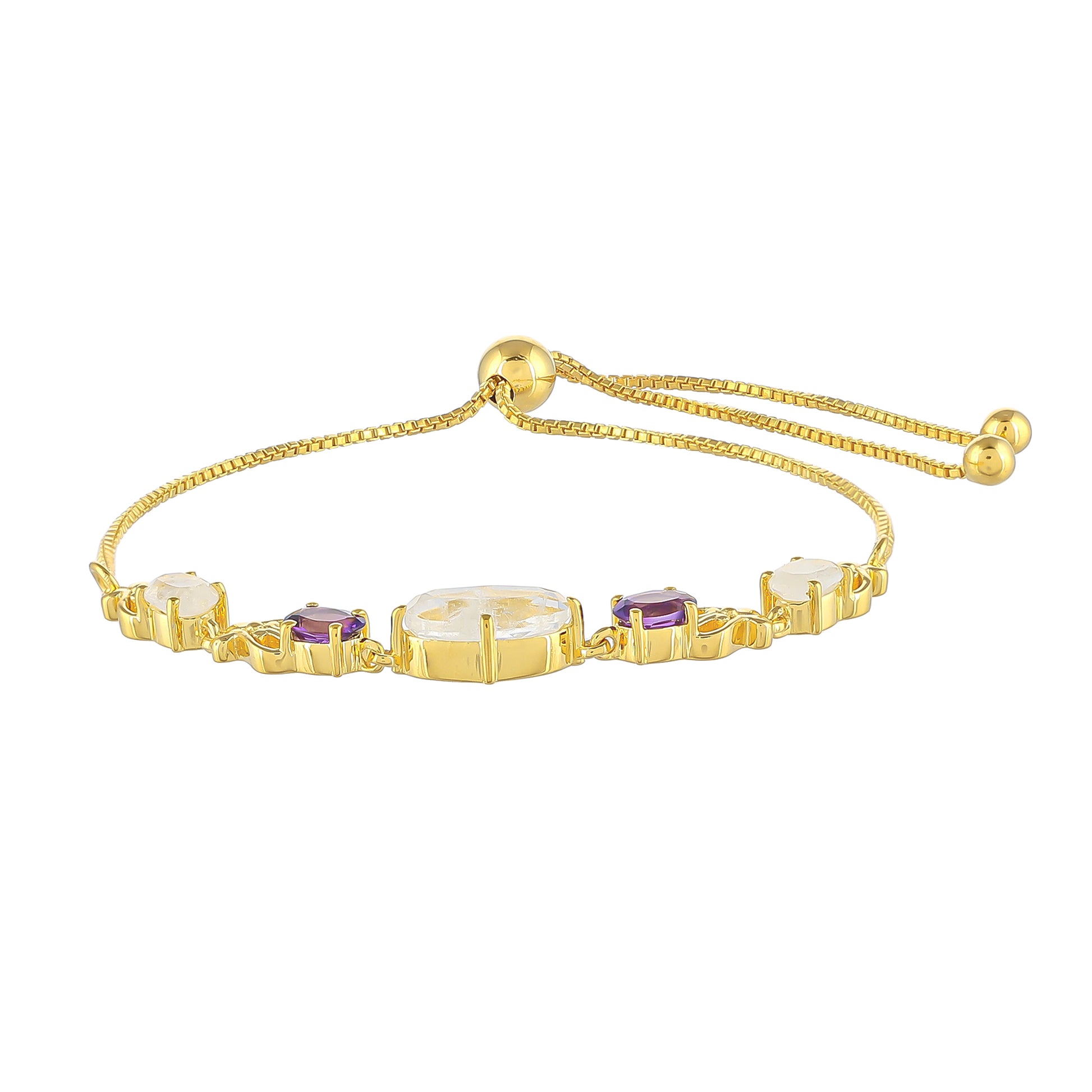 Brățară din Argint 925 Placat cu Aur ( 4.61 grame ) cu Piatra Lunii Curcubeu și Ametist Brazilian 3 Carate 2 