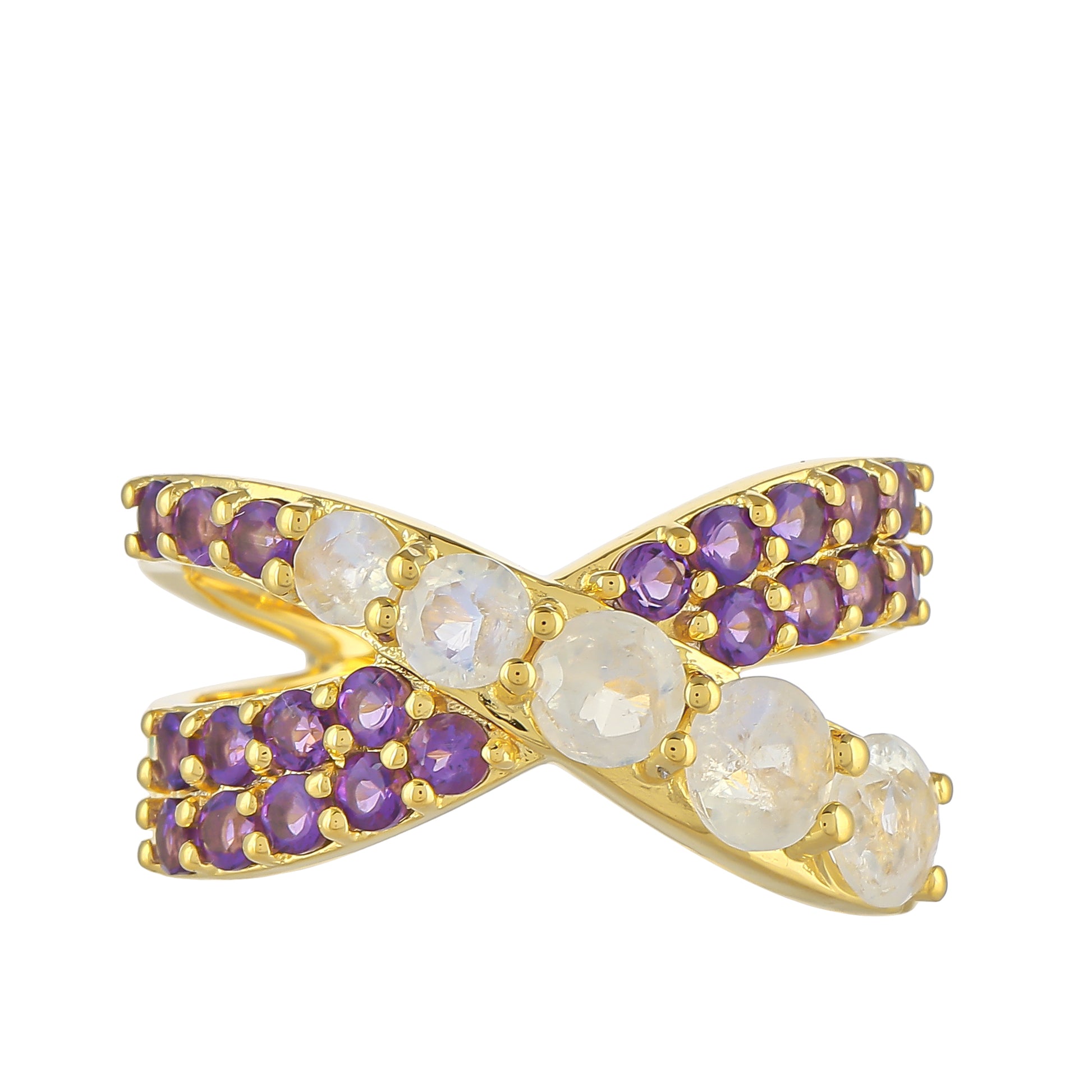 Inel din Argint 925 Placat cu Aur ( 5.24 grame ) cu Piatra Lunii Curcubeu și Ametist Brazilian 1.99 Carate 1 