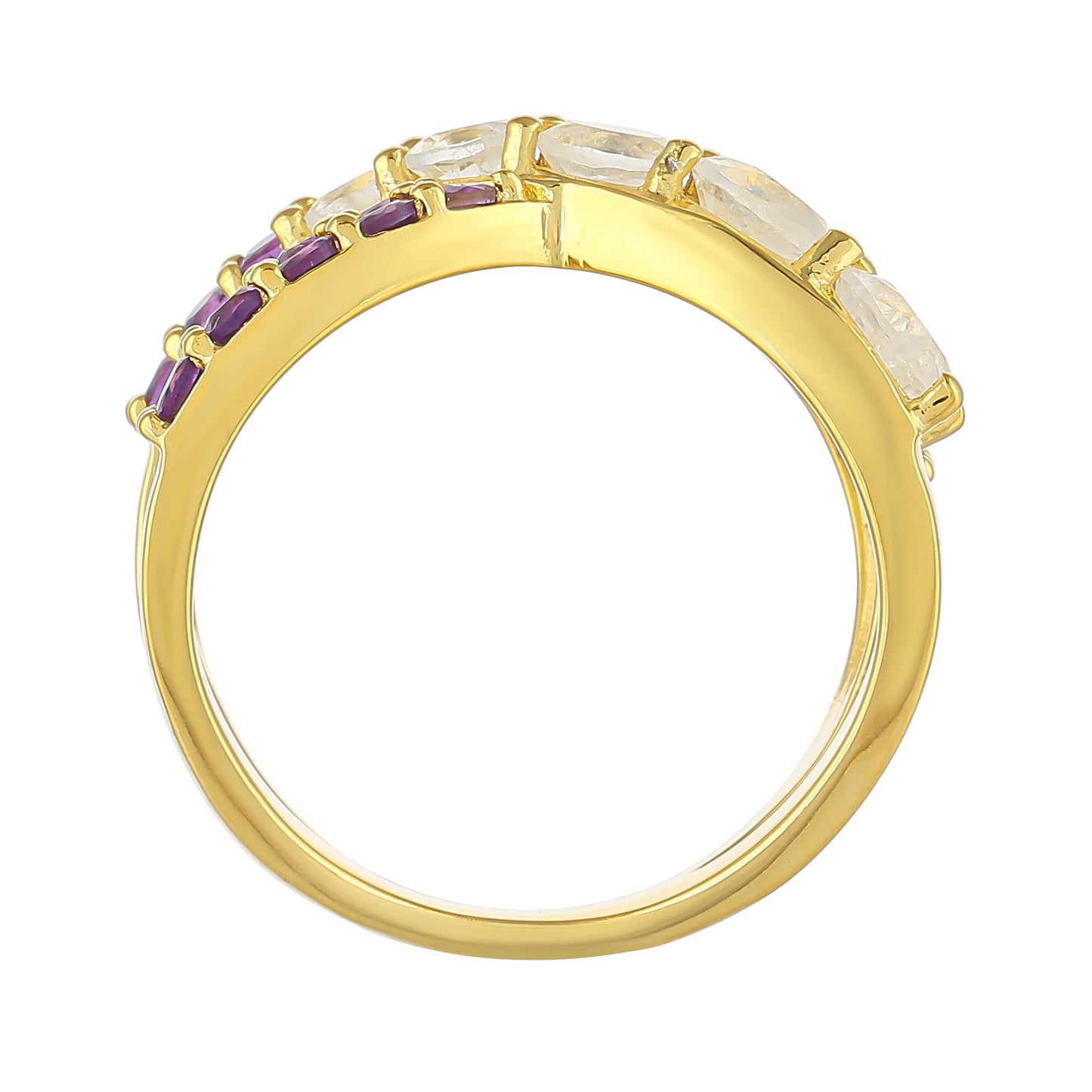 Inel din Argint 925 Placat cu Aur ( 5.24 grame ) cu Piatra Lunii Curcubeu și Ametist Brazilian 1.99 Carate