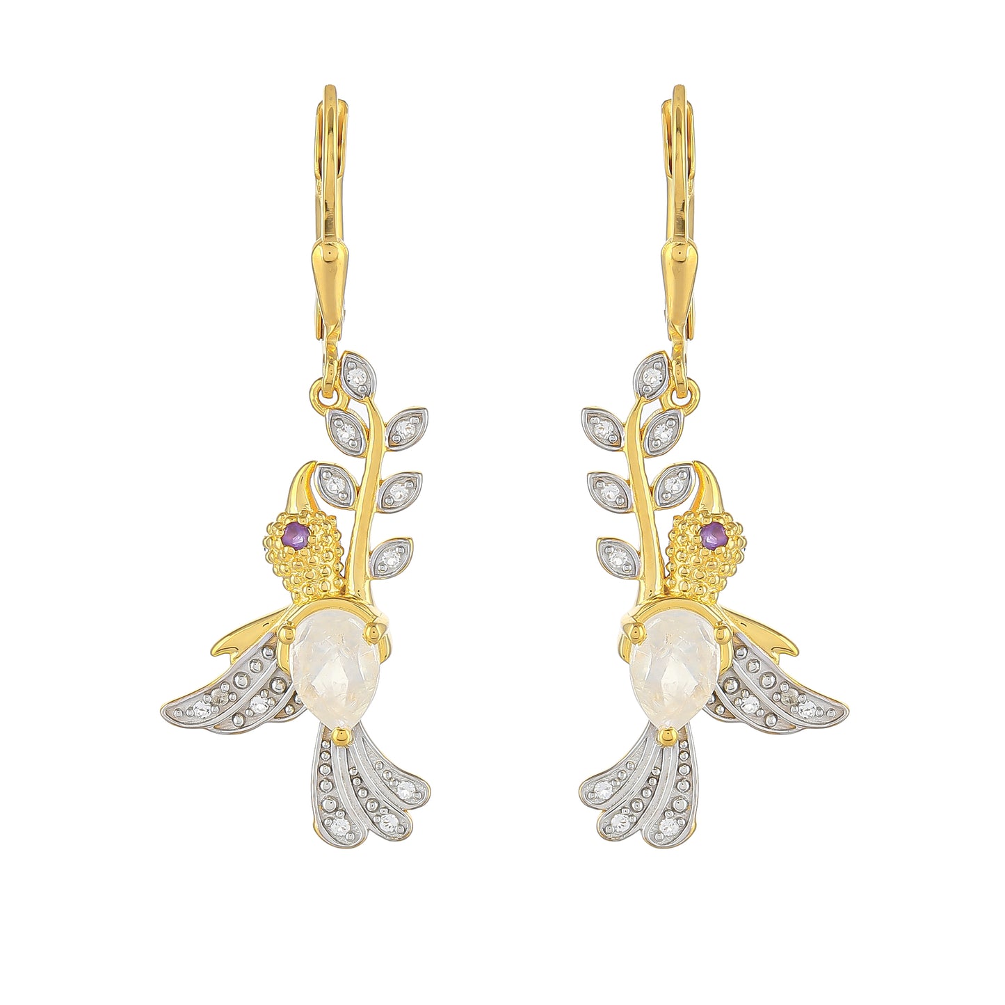 Cercei din Argint 925 Placat cu Aur ( 3.99 grame ) cu Piatra Lunii Curcubeu și Ametist Brazilian 1.67 Carate