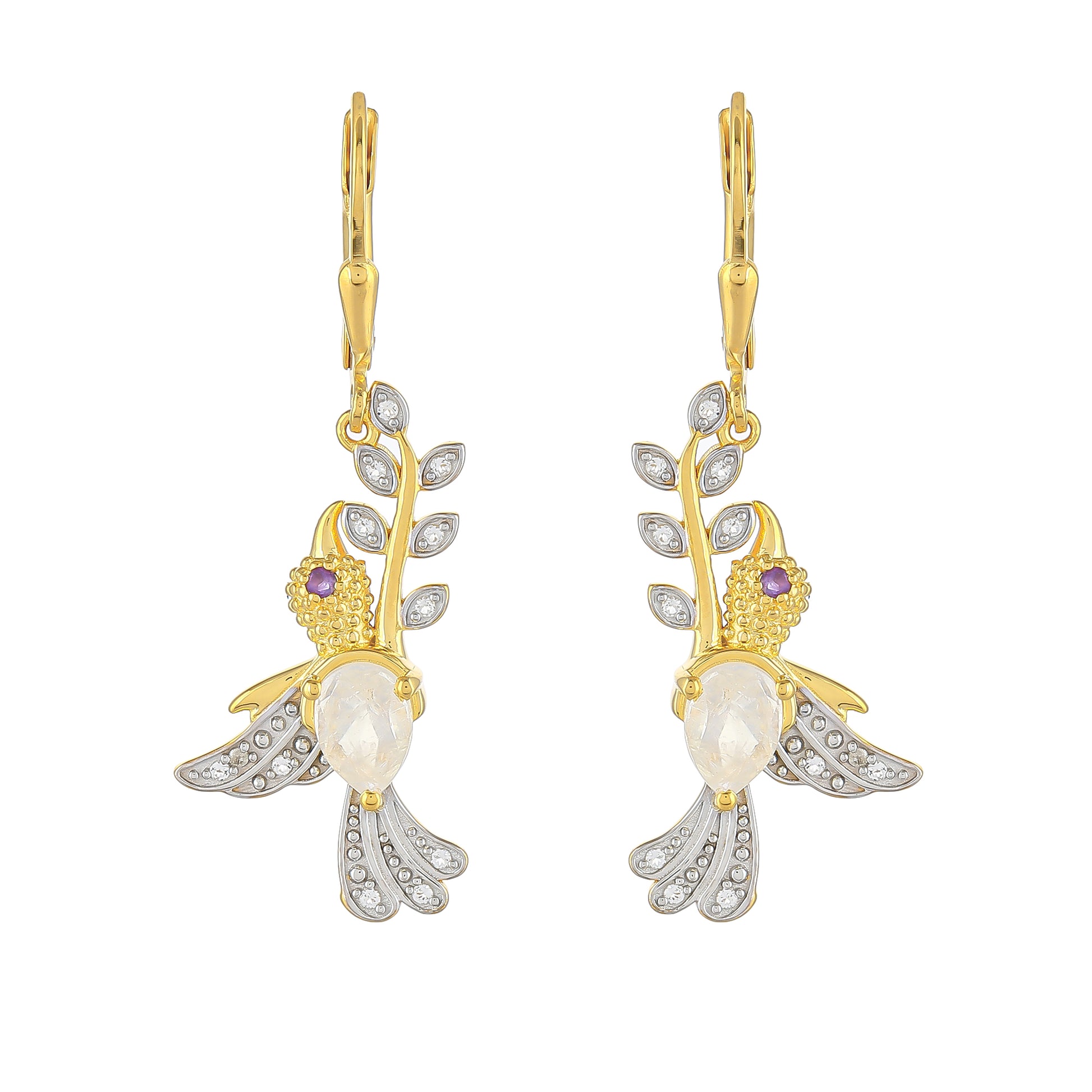 Cercei din Argint 925 Placat cu Aur ( 3.99 grame ) cu Piatra Lunii Curcubeu și Ametist Brazilian 1.67 Carate 1 