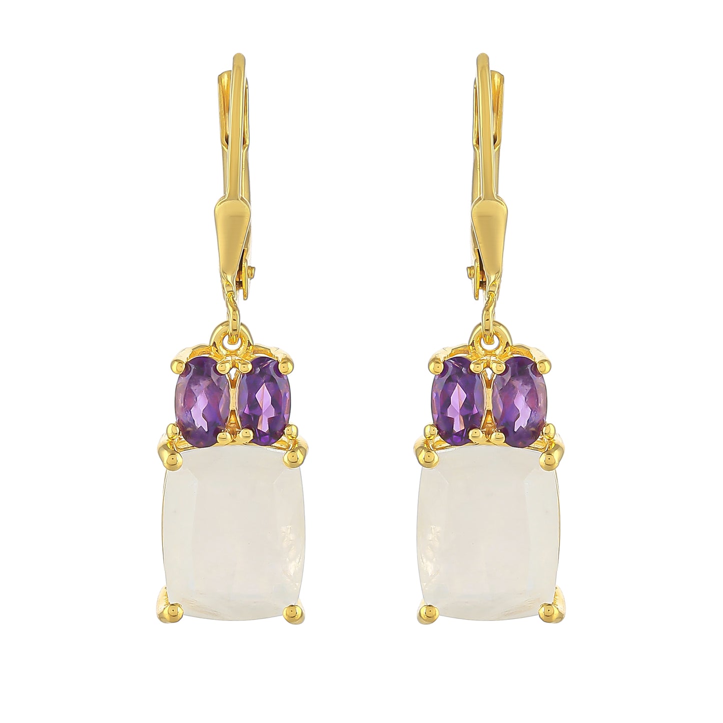 Cercei din Argint 925 Placat cu Aur ( 2.26 grame ) cu Piatra Lunii Curcubeu și Ametist Brazilian 7 Carate