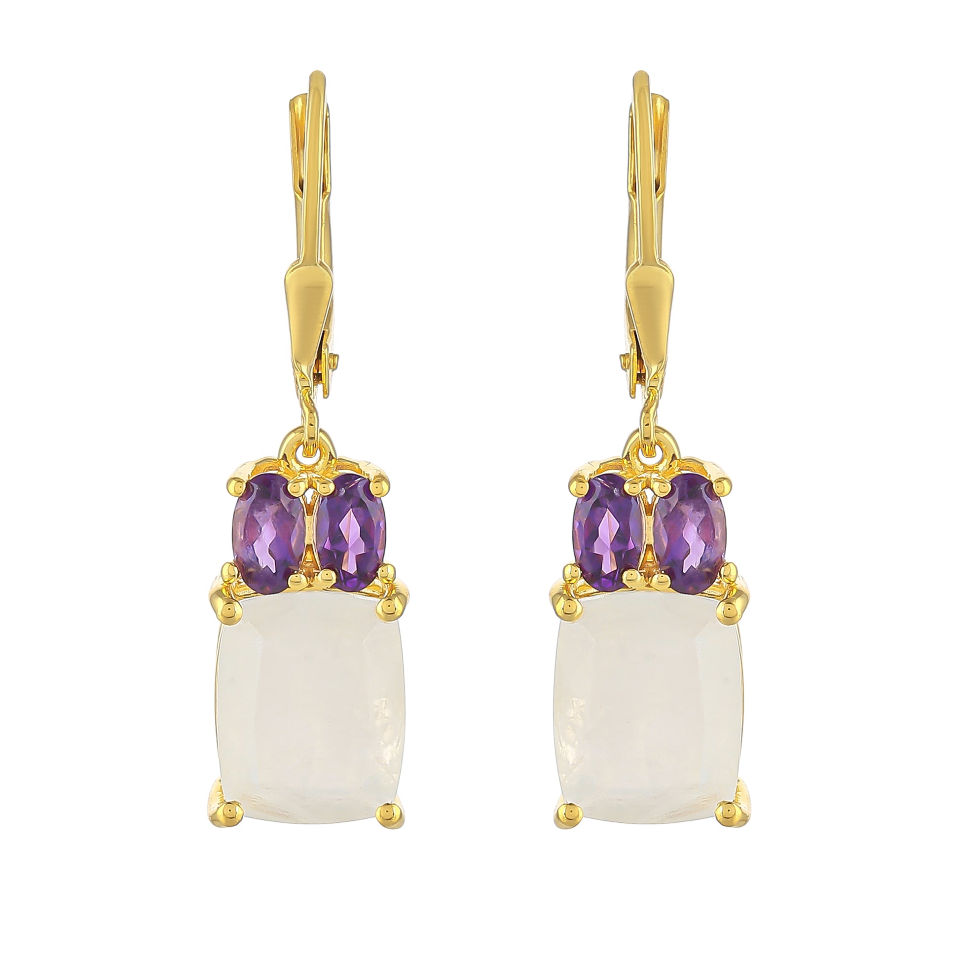 Cercei din Argint 925 Placat cu Aur ( 2.26 grame ) cu Piatra Lunii Curcubeu și Ametist Brazilian 7 Carate 1 