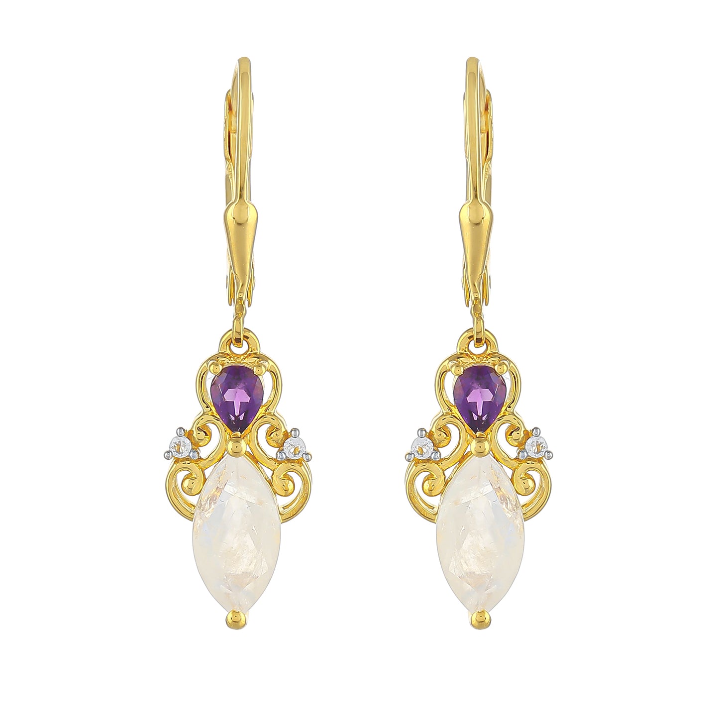 Cercei din Argint 925 Placat cu Aur ( 2.12 grame ) cu Piatra Lunii Curcubeu și Ametist Brazilian 2.4 Carate