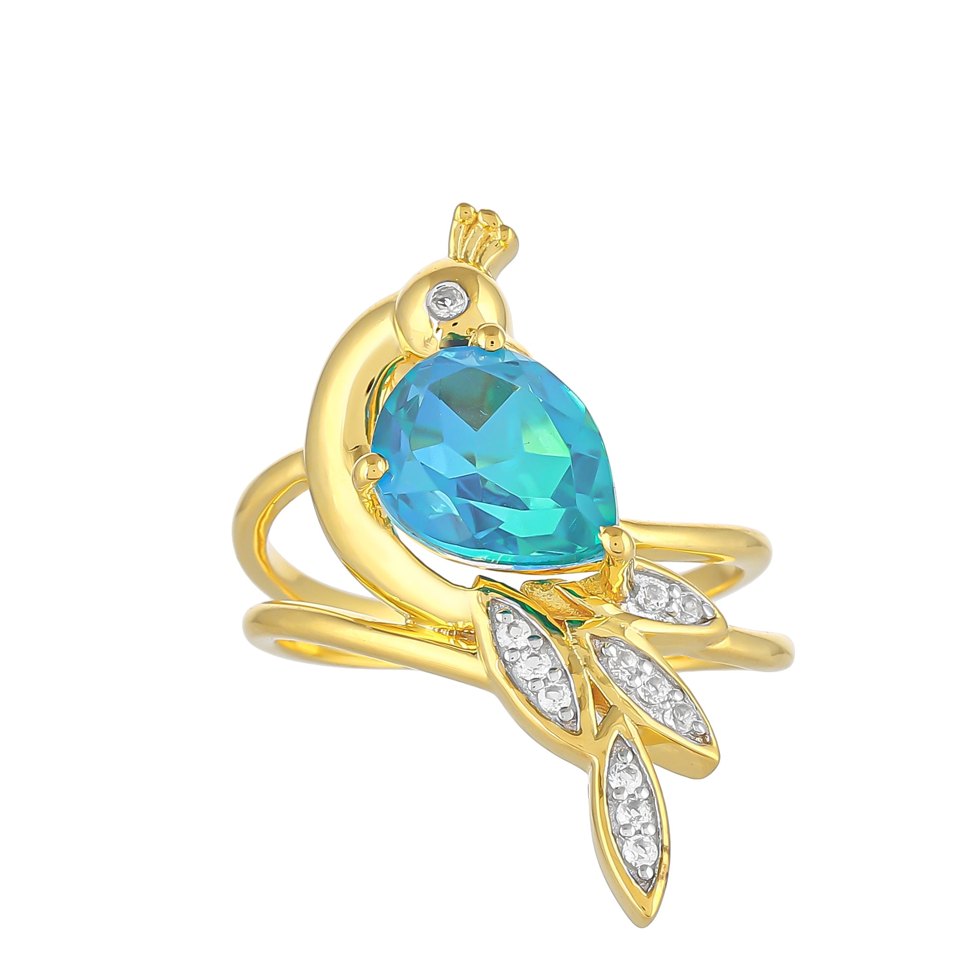 Inel din Argint 925 Placat cu Aur ( 4.03 grame ) cu Cuarț Păun și Topaz Alb 2.71 Carate 1 