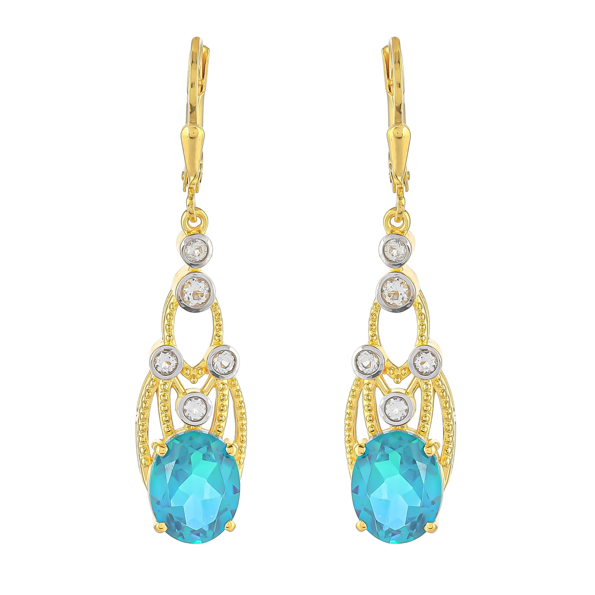 Cercei din Argint 925 Placat cu Aur ( 4.7 grame ) cu Cuarț Păun și Topaz Alb 5.9 Carate 1 