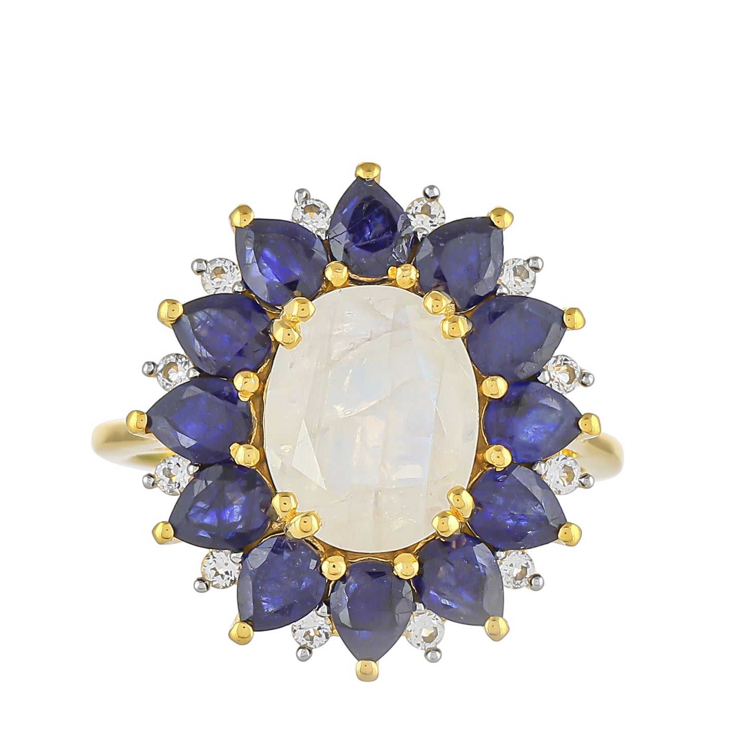 Inel din Argint 925 Placat cu Aur ( 2.43 grame ) cu Piatra Lunii Curcubeu și Safir Thailandez 5.93 Carate