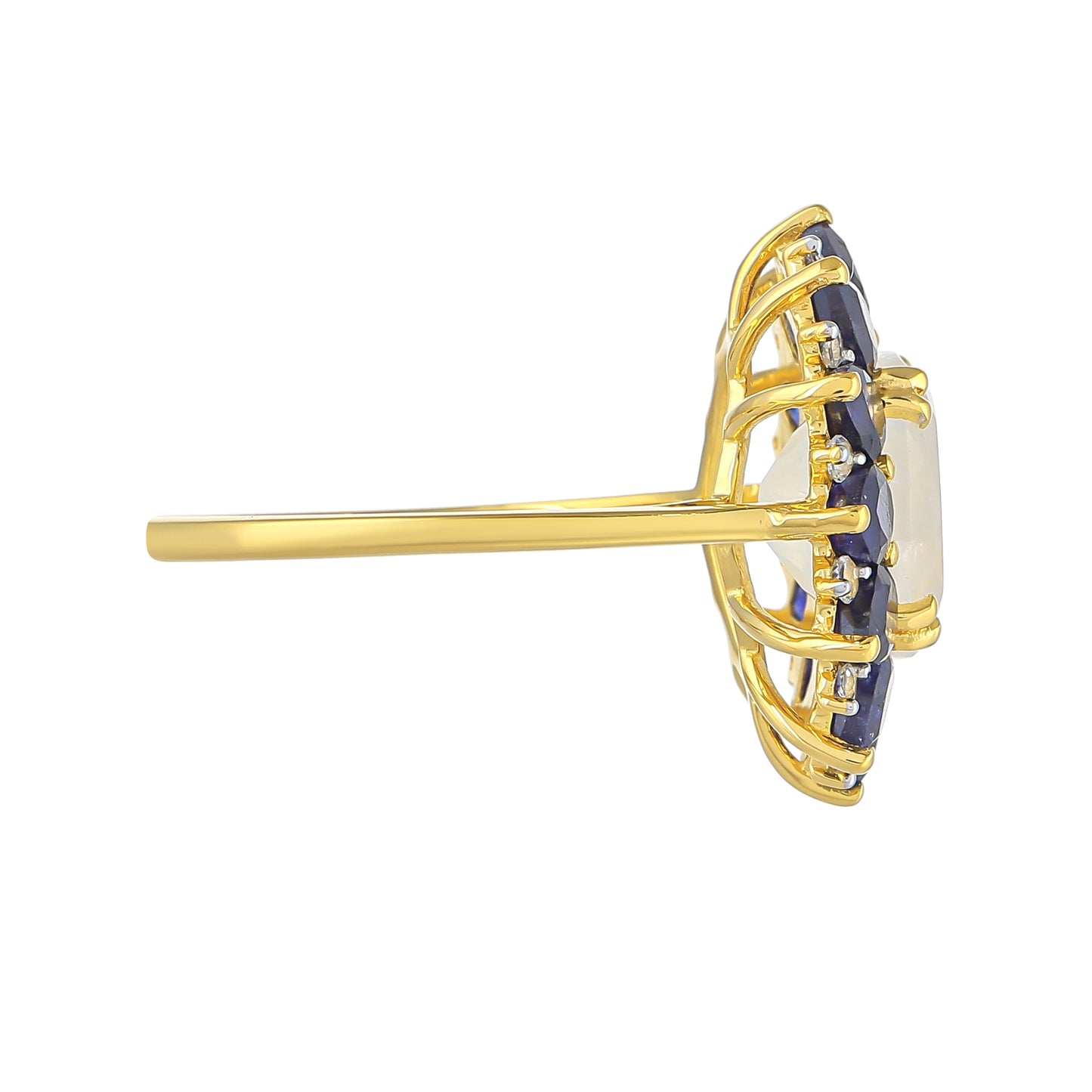 Inel din Argint 925 Placat cu Aur ( 2.43 grame ) cu Piatra Lunii Curcubeu și Safir Thailandez 5.93 Carate