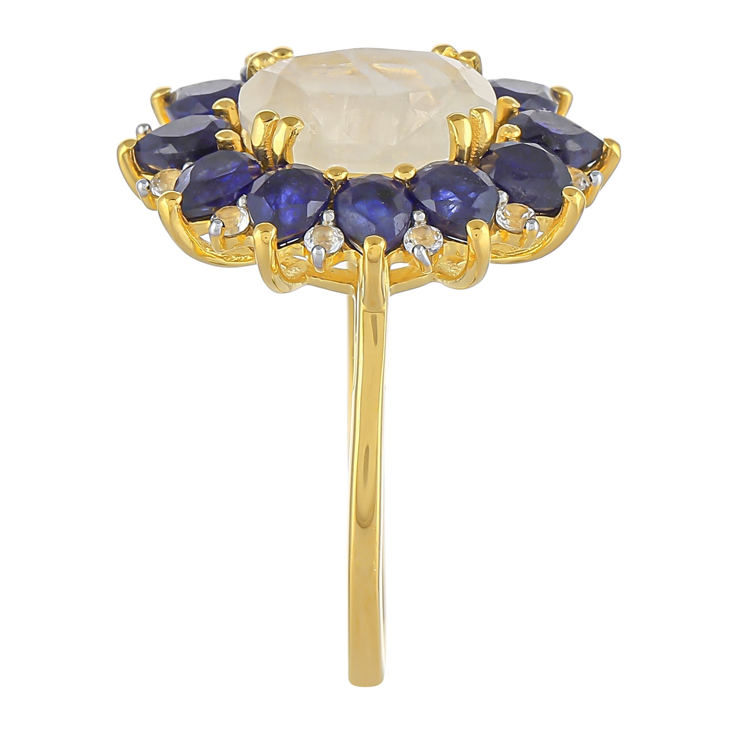 Inel din Argint 925 Placat cu Aur ( 2.43 grame ) cu Piatra Lunii Curcubeu și Safir Thailandez 5.93 Carate