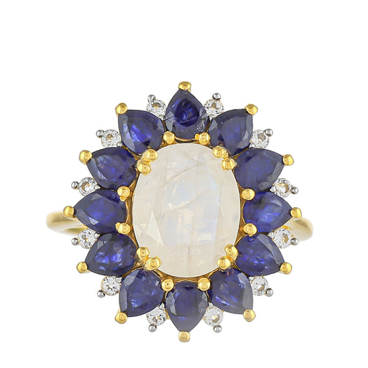 Inel din Argint 925 Placat cu Aur ( 2.43 grame ) cu Piatra Lunii Curcubeu și Safir Thailandez 5.93 Carate