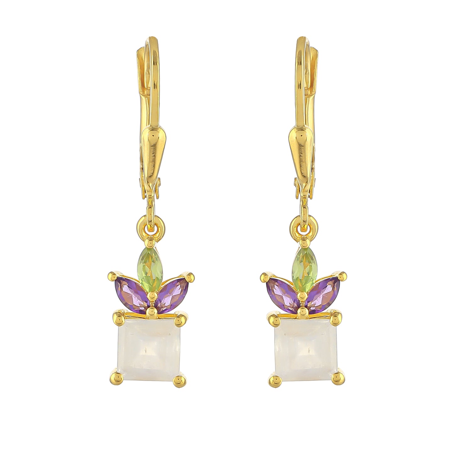 Cercei din Argint 925 Placat cu Aur ( 1.73 grame ) cu Piatra Lunii Curcubeu și Ametist Brazilian 1.92 Carate