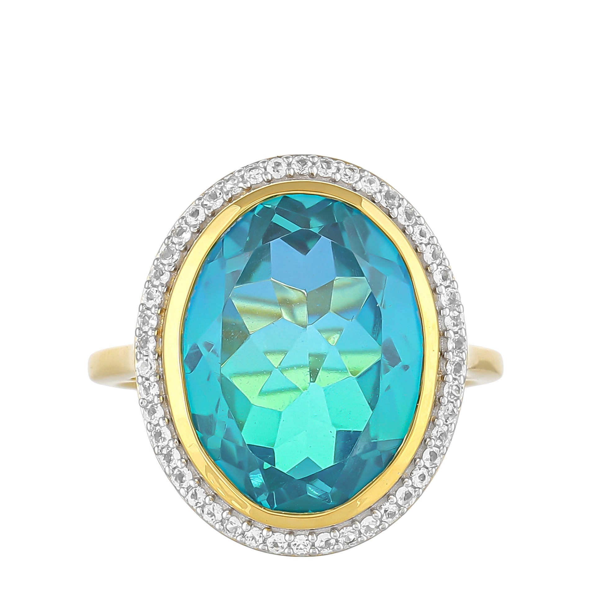 Inel din Argint 925 Placat cu Aur ( 3.49 grame ) cu Cuarț Păun și Topaz Alb 9.58 Carate 1 
