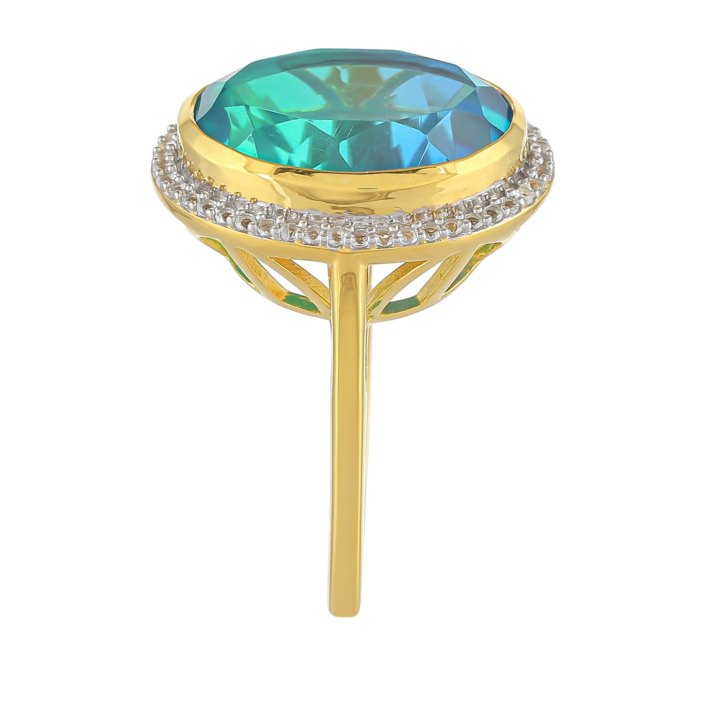 Inel din Argint 925 Placat cu Aur ( 3.49 grame ) cu Cuarț Păun și Topaz Alb 9.58 Carate