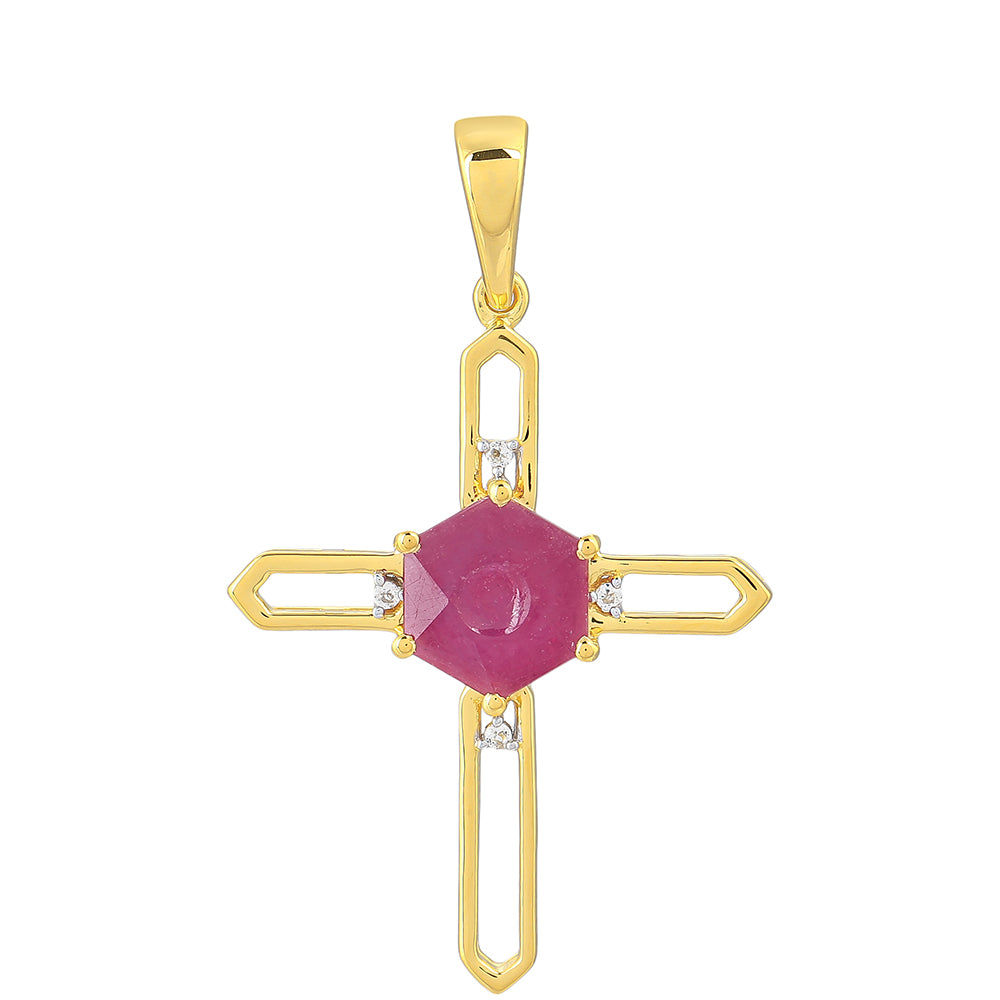 Cruce Pandantiv din Argint 925 Placat cu Aur ( 2.08 grame ) cu Rubin Thailandez și Topaz Alb 2.37 Carate 1 