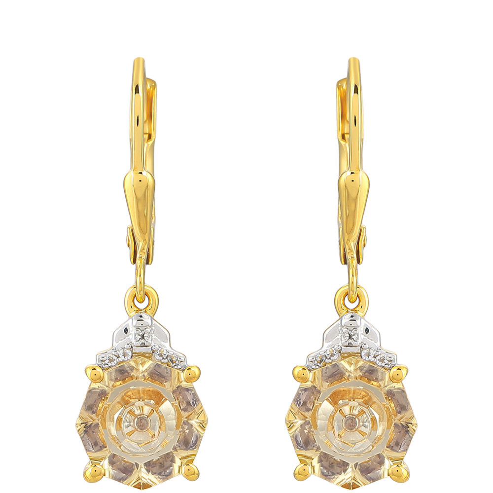 Cercei din Argint 925 Placat cu Aur ( 2.11 grame ) cu Tanzanit și Cuarț de culoarea Șampaniei 3.07 Carate