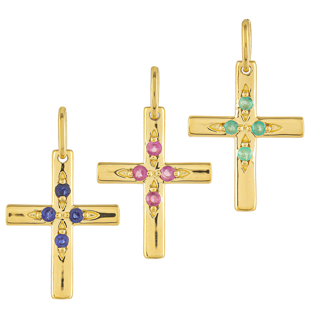 Cruce Set din Argint 925 Placat cu Aur ( 3.58 grame ) cu Rubin Thailandez și Smarald Brazilian 0.57 Carate ( Pandantiv )
