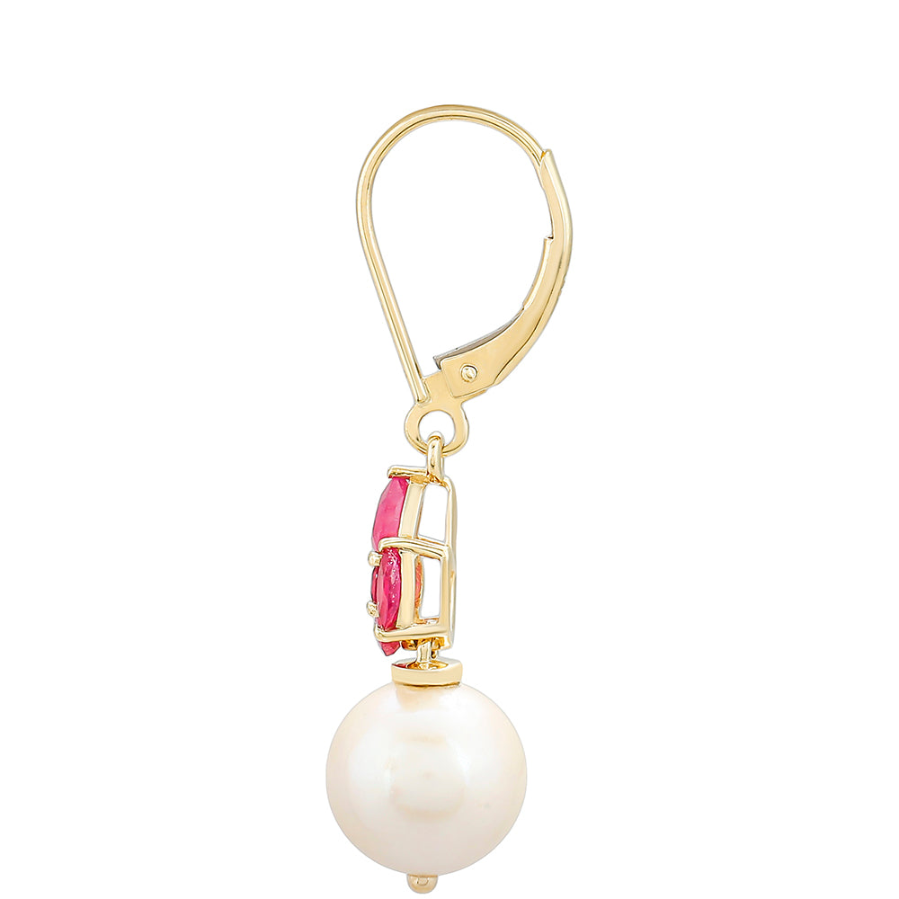 Cercei din Aur de 9K ( 1.62 grame ) cu Rubin Thailandez și Perlă de Apă Dulce Albă 13.98 Carate 2 