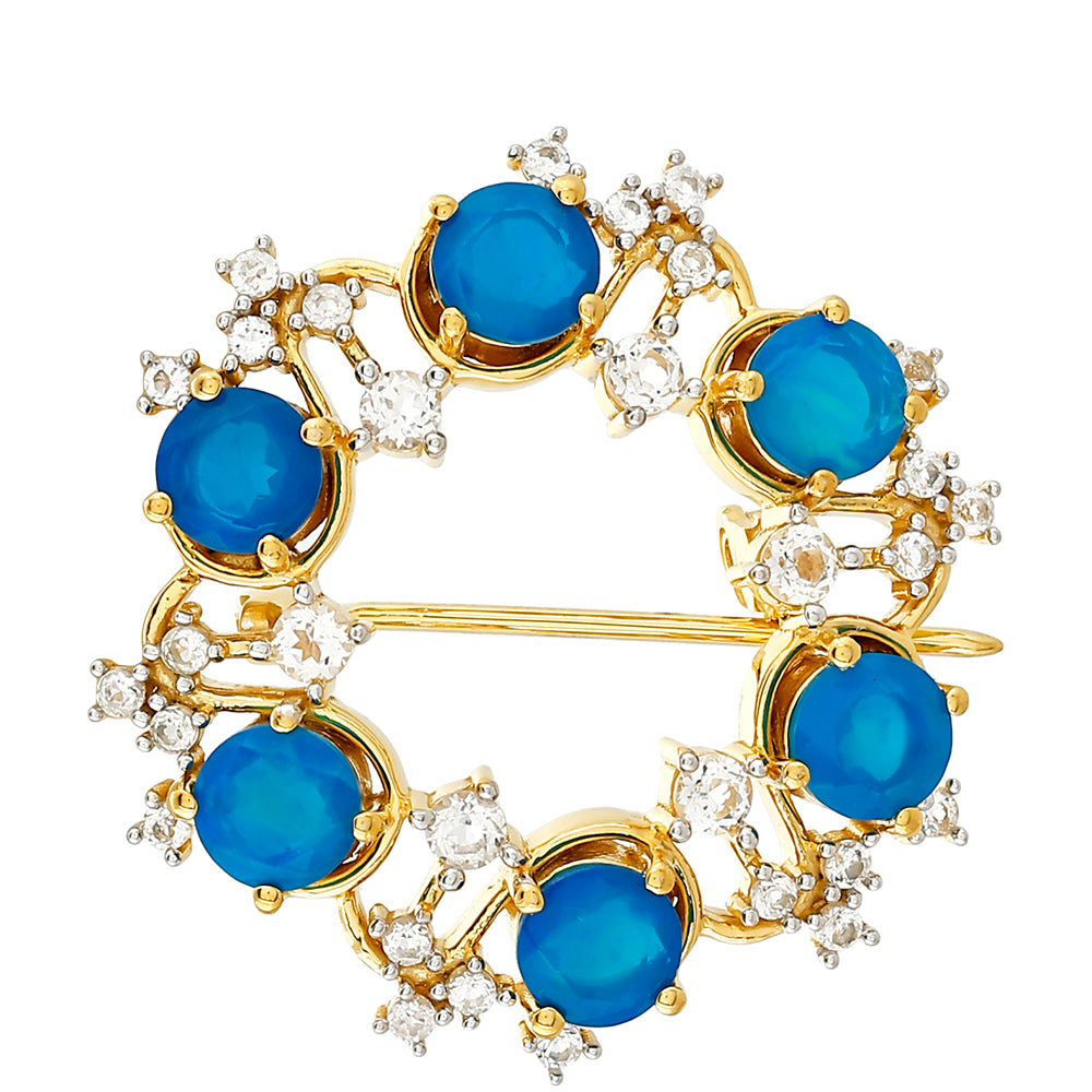 Broşă din Argint 925 Placat cu Aur ( 4.81 grame ) cu Opal Albastru Etiopian Paraiba și Topaz Alb 3.09 Carate 1 