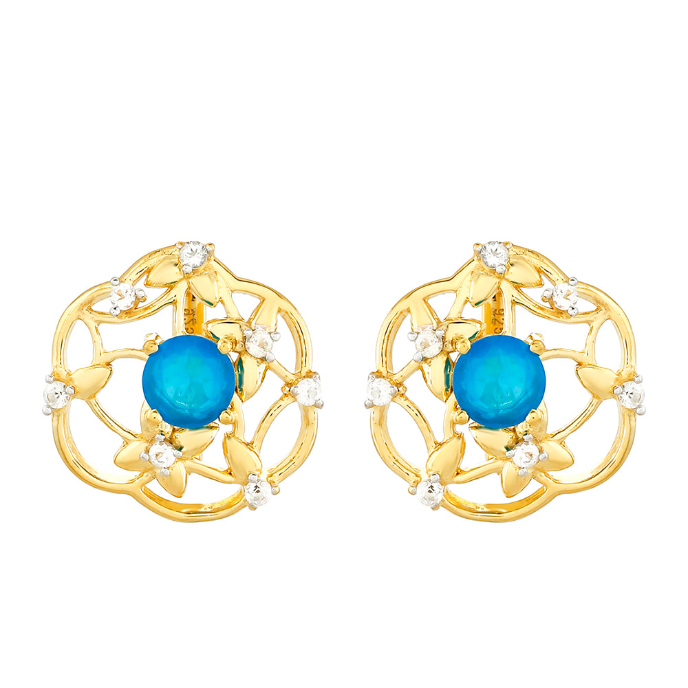 Cercei din Argint 925 Placat cu Aur ( 2.97 grame ) cu Opal Albastru Etiopian Paraiba și Topaz Alb 0.98 Carate 1 
